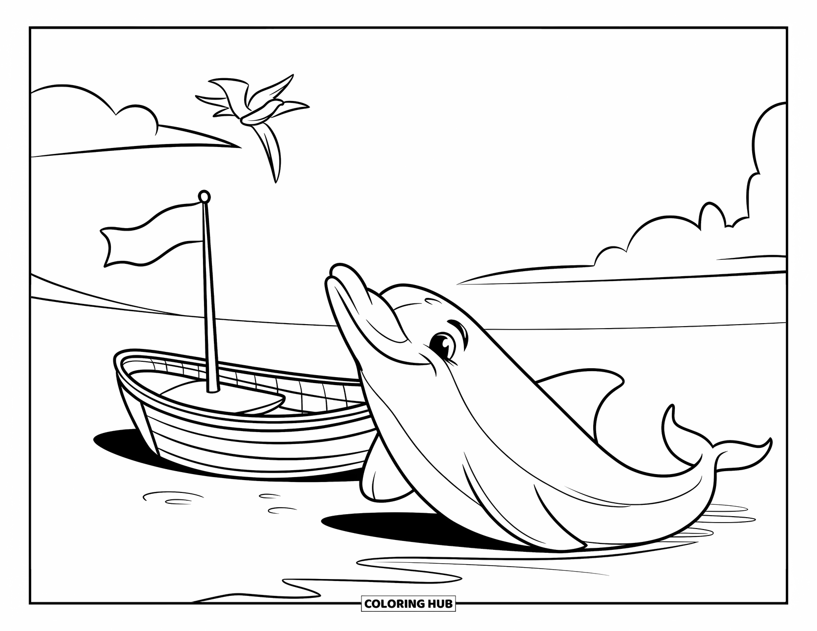 Delfin Ausmalbild für Kinder: Ein Delfin springt an einem kleinen Boot mit einer Flagge vorbei und ein Vogel fliegt darüber