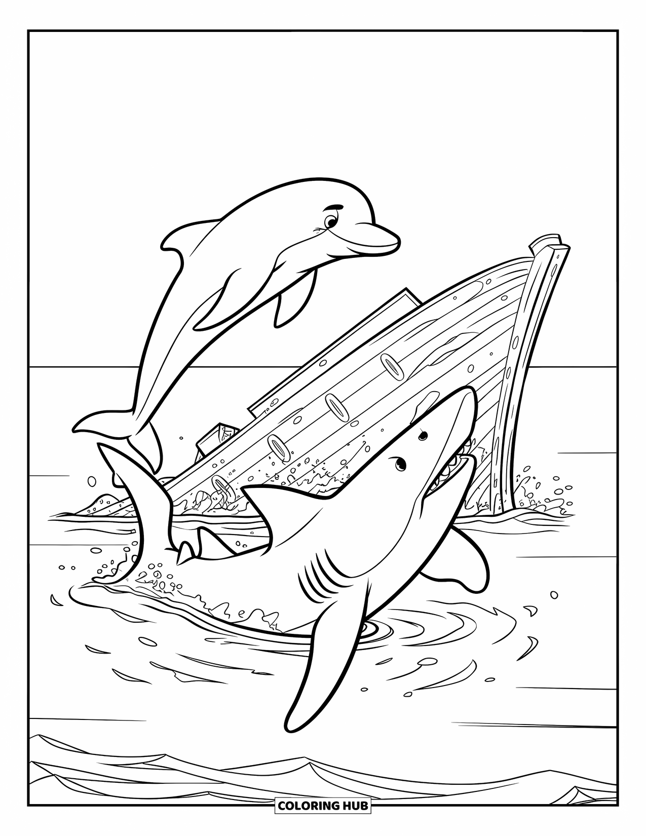 Delfin Ausmalbild für Kinder: Ein Delfin springt über einen Hai bei Schiffswrackruinen