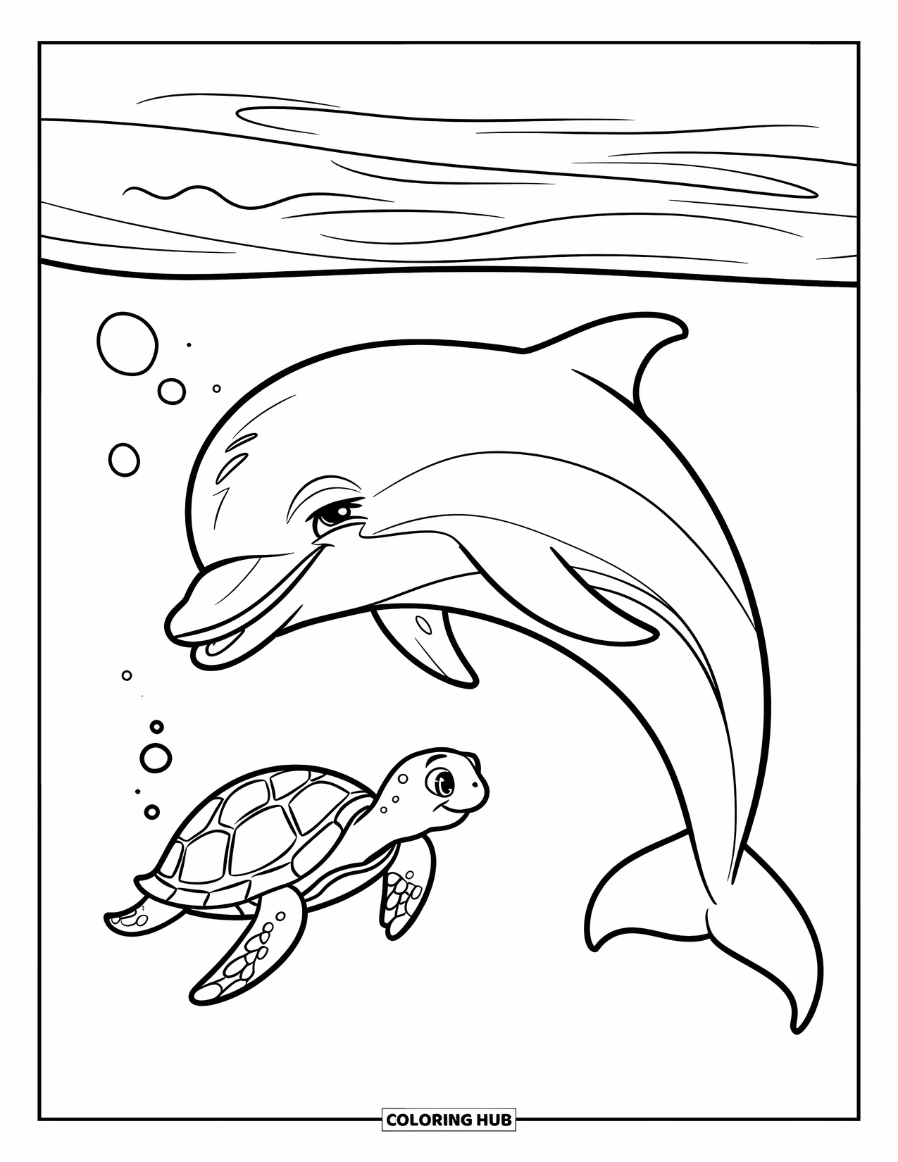 Delfin Ausmalbild für Kinder: Ein Delfin springt über eine Schildkröte unter Wasser mit Blasen um sie herum