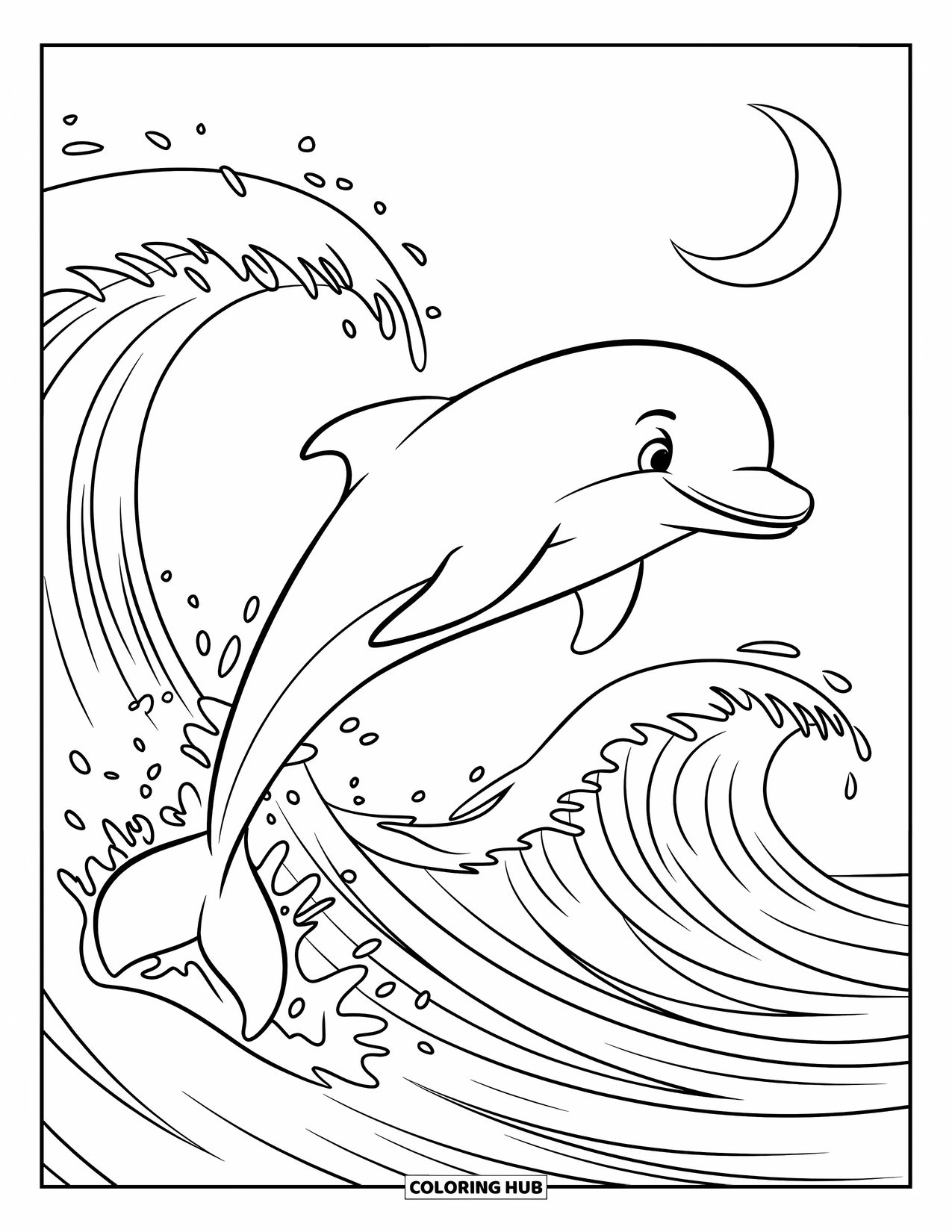Delfin Ausmalbild für Kinder: Ein Delfin springt durch Wellen unter einem Halbmond