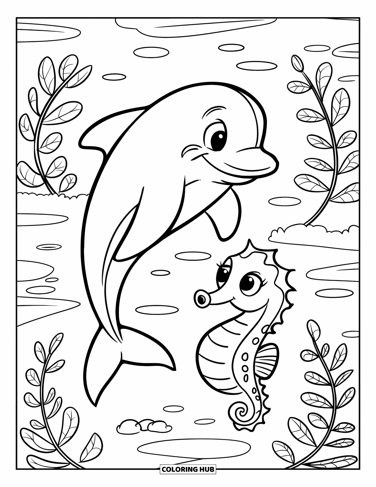Delfin Ausmalbild für Kinder: Ein Delfin springt, während ein Seepferdchen zwischen Unterwasserpflanzen schwimmt
