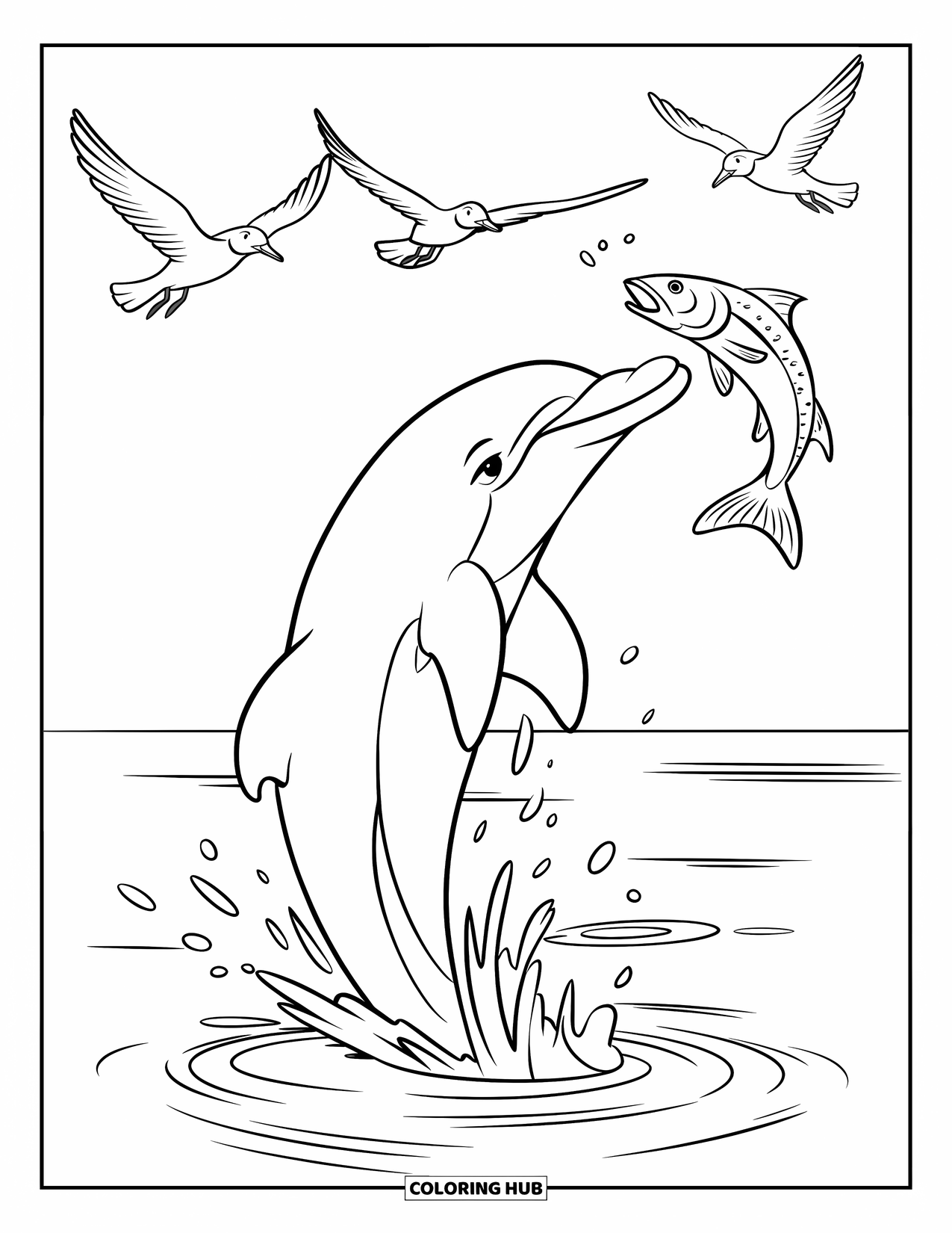 Delfin Ausmalbild für Kinder: Ein Delfin springt mit einem Fisch und Möwen am Himmel