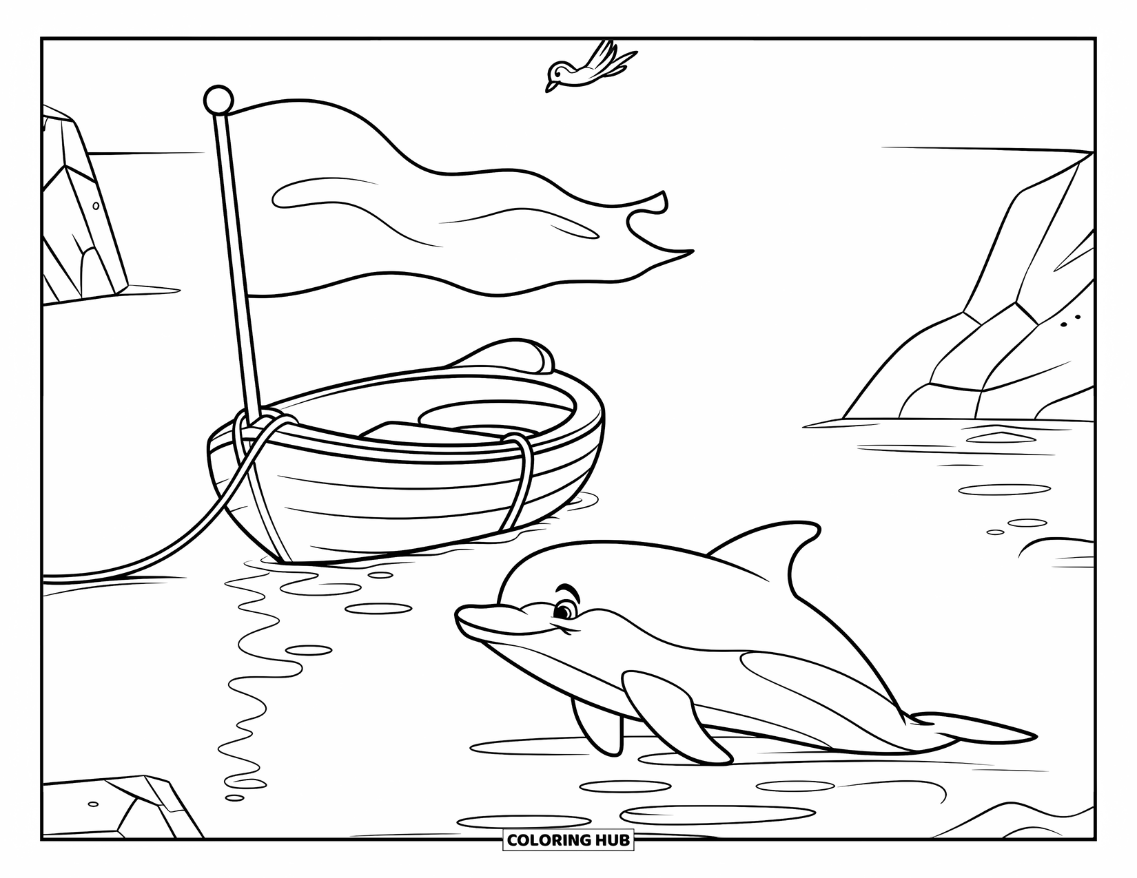 Delfin Ausmalbild für Kinder: Ein Delfin in der Nähe eines kleinen Bootes mit einer wehenden Flagge und einem Vogel darüber
