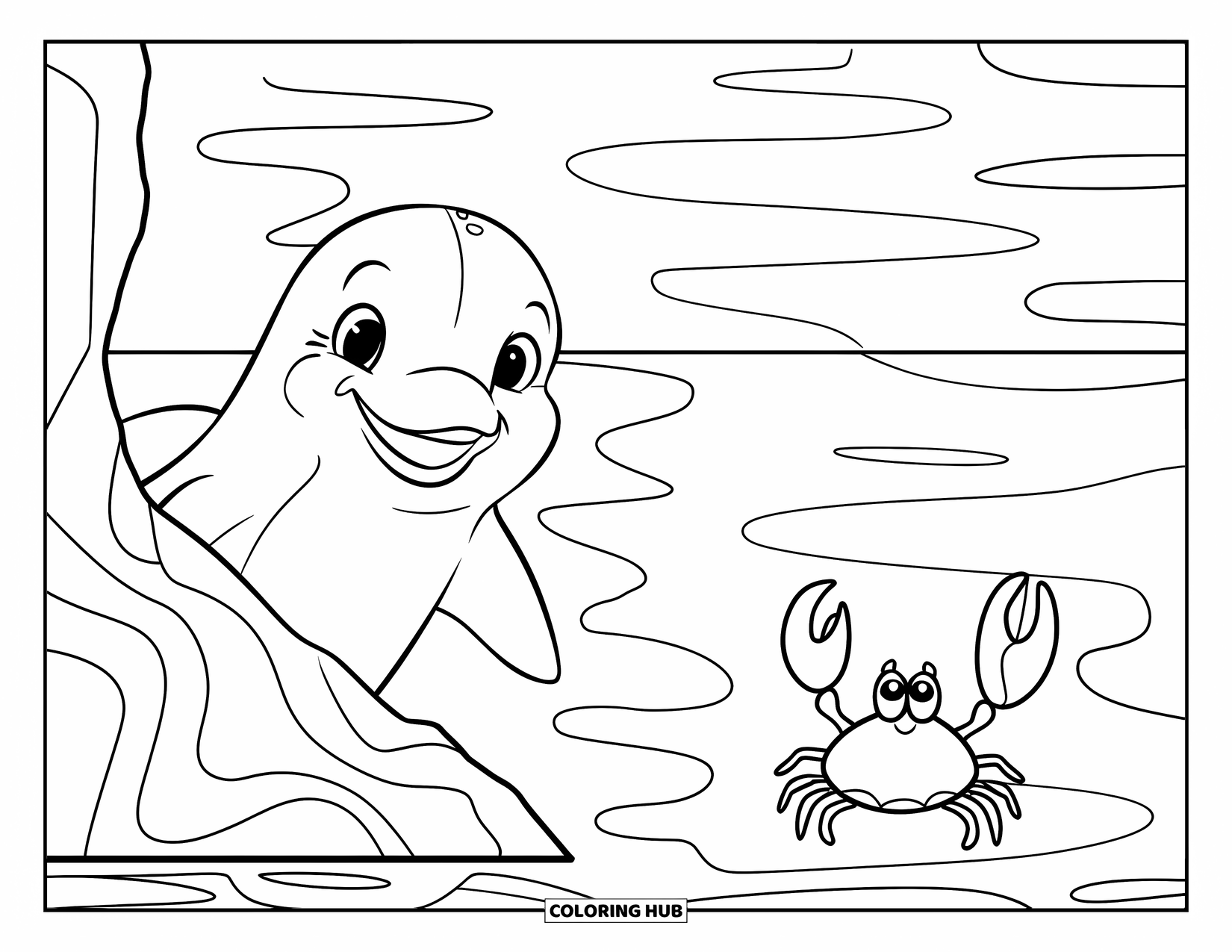 Delfin Ausmalbild für Kinder: Ein Delfin späht hinter einem Felsen hervor, während eine Krabbe eine Muschel hält