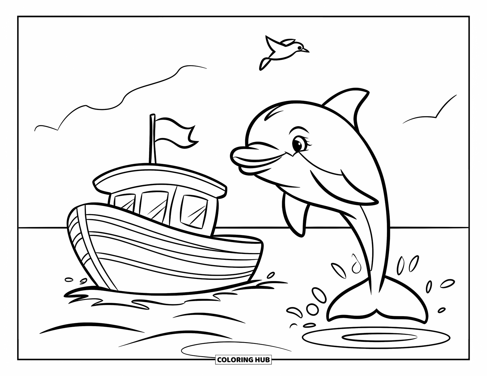 Delfin Ausmalbild für Kinder: Ein Delfin spielt an einem kleinen Boot mit einer Flagge und einem Vogel darüber