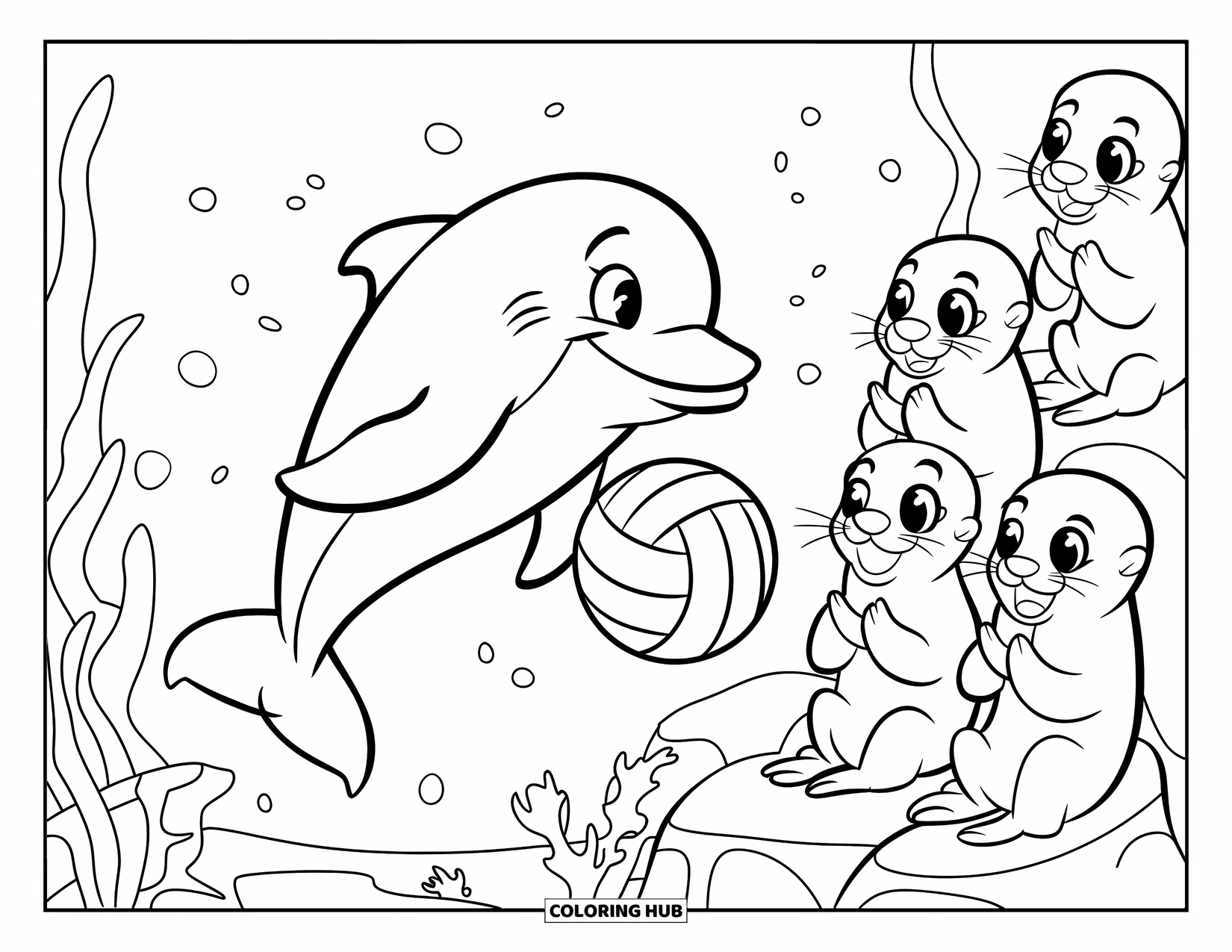 Delfin Ausmalbild für Kinder: Ein Delfin spielt unter Wasser Volleyball mit Ottern