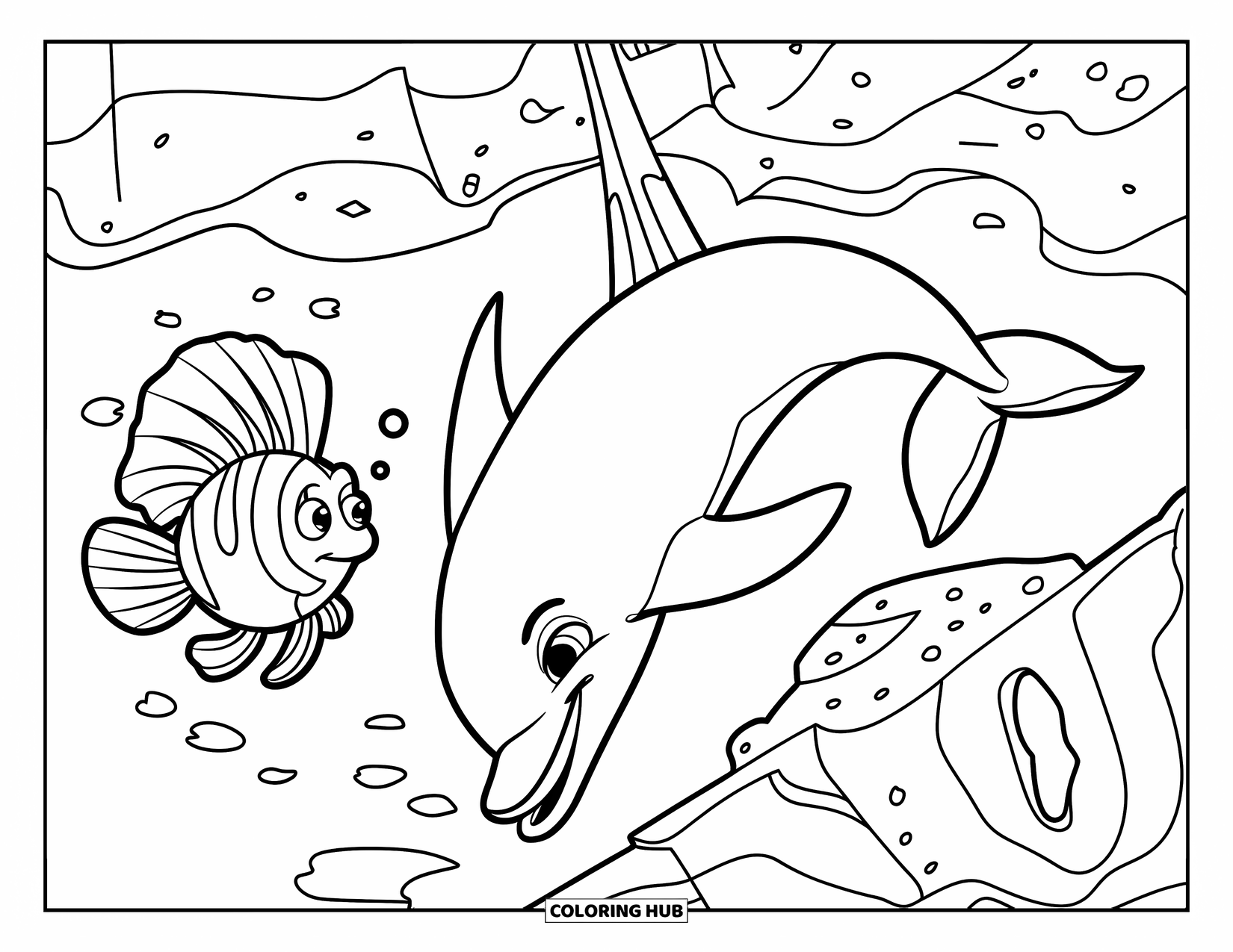 Delfin Ausmalbild für Kinder: Ein Delfin reitet nachts auf Wellen mit einem Halbmond darüber