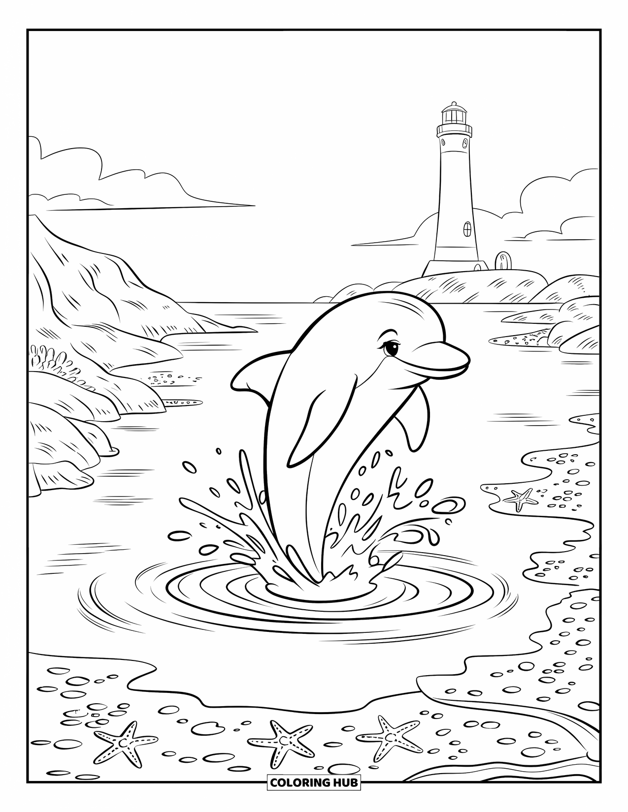Delfin Ausmalbild für Kinder: Ein Delfin planscht in einem Gezeitenpool in der Nähe eines Leuchtturms und Seesternen