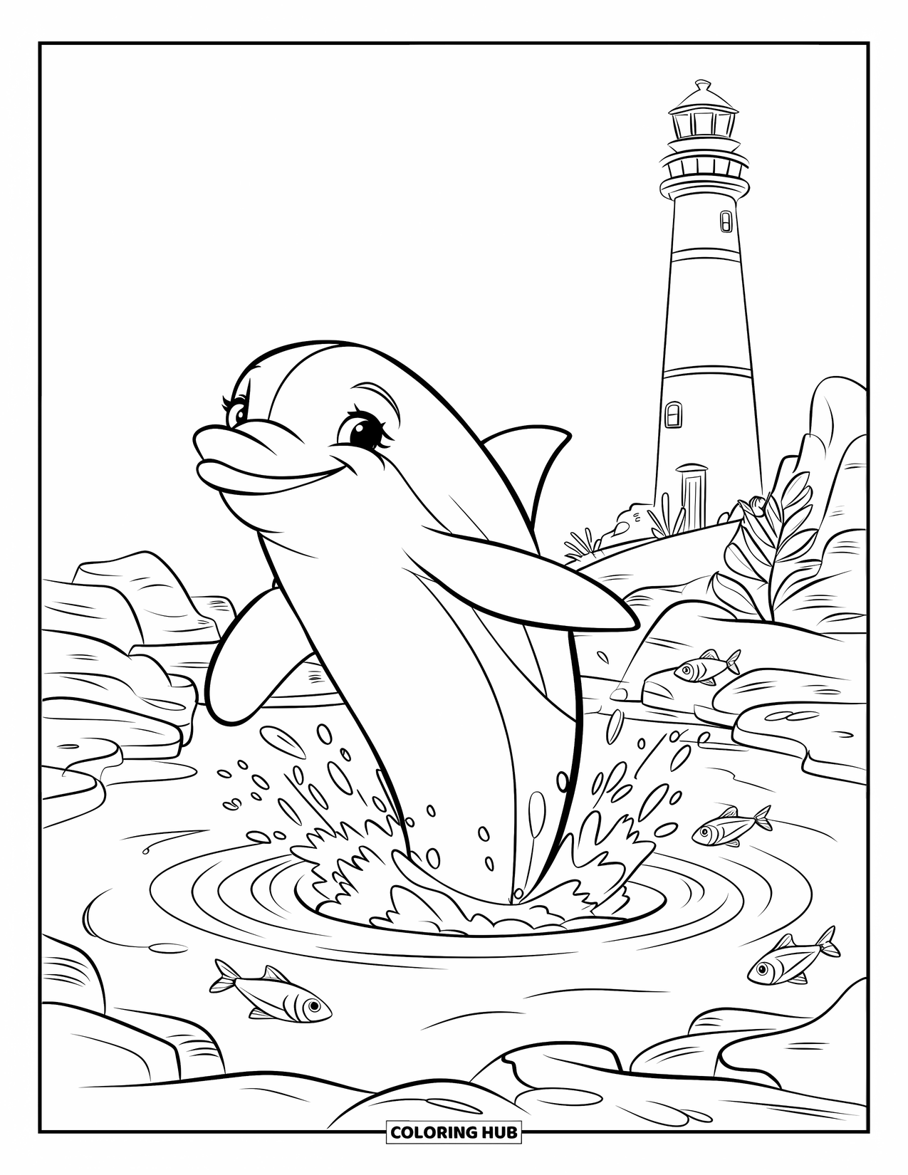 Delfin Ausmalbild für Kinder: Ein Delfin planscht in einem Gezeitenpool, umgeben von Fischen und einem Leuchtturm in der Nähe