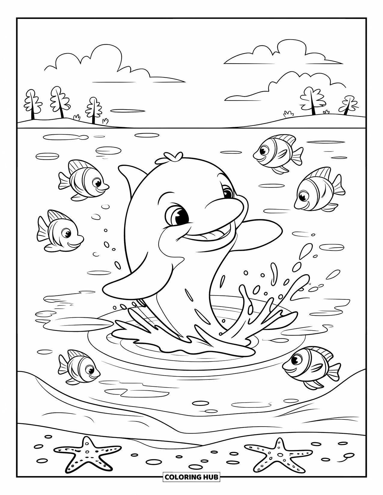 Delfin Ausmalbild für Kinder: Ein Delfin planscht mit seinem Schwanz zwischen Fischen und Seesternen in der Nähe des Ufers