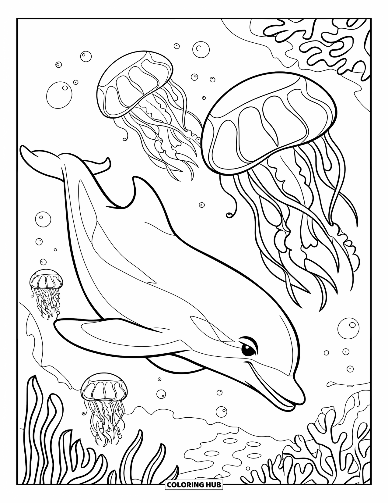 Delfin Ausmalbild für Kinder: Ein Delfin, umgeben von leuchtenden Quallen unter Wasser