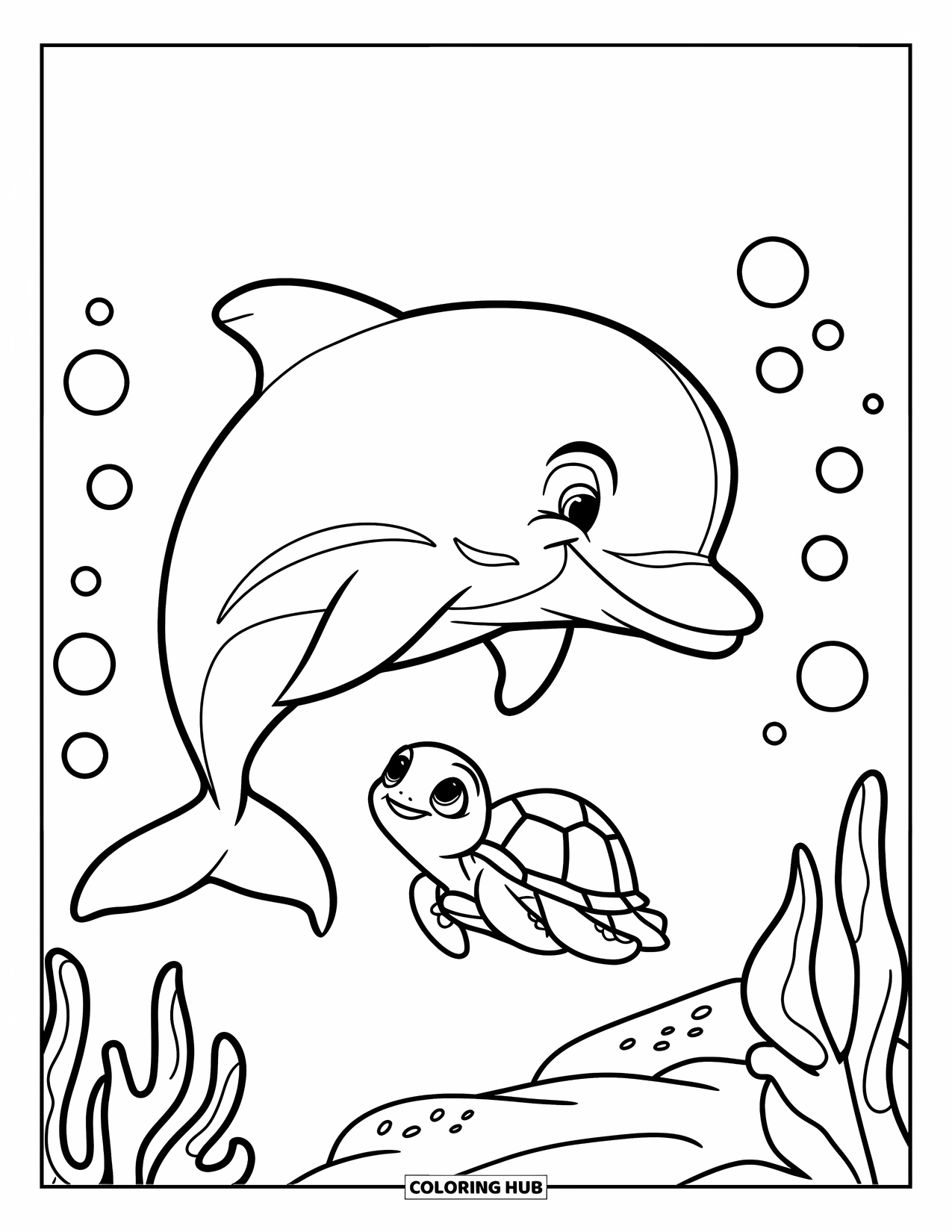 Delfin Ausmalbild für Kinder: Ein Delfin schwimmt über einer kleinen Schildkröte mit Blasen um sie herum