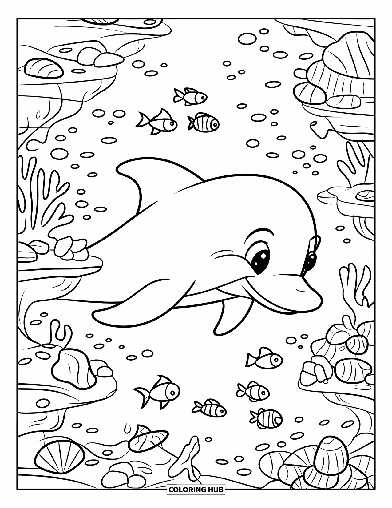 Delfin Ausmalbild für Kinder: Ein Delfin schwimmt zwischen Korallenriffen mit Muscheln und winzigen Fischen in der Nähe