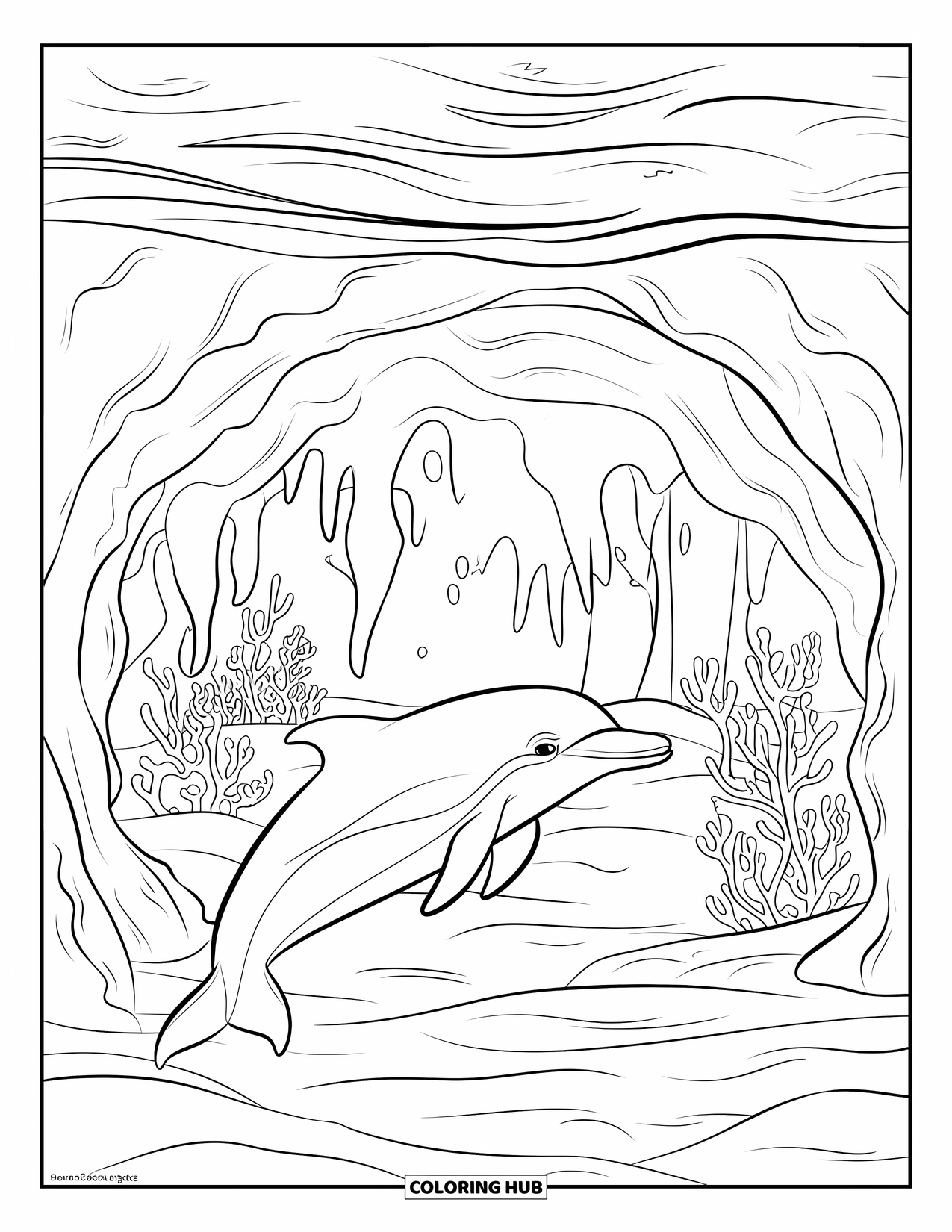 Delfin Ausmalbild für Kinder: Ein Delfin schwimmt in einer Höhle mit biolumineszenten Pflanzen