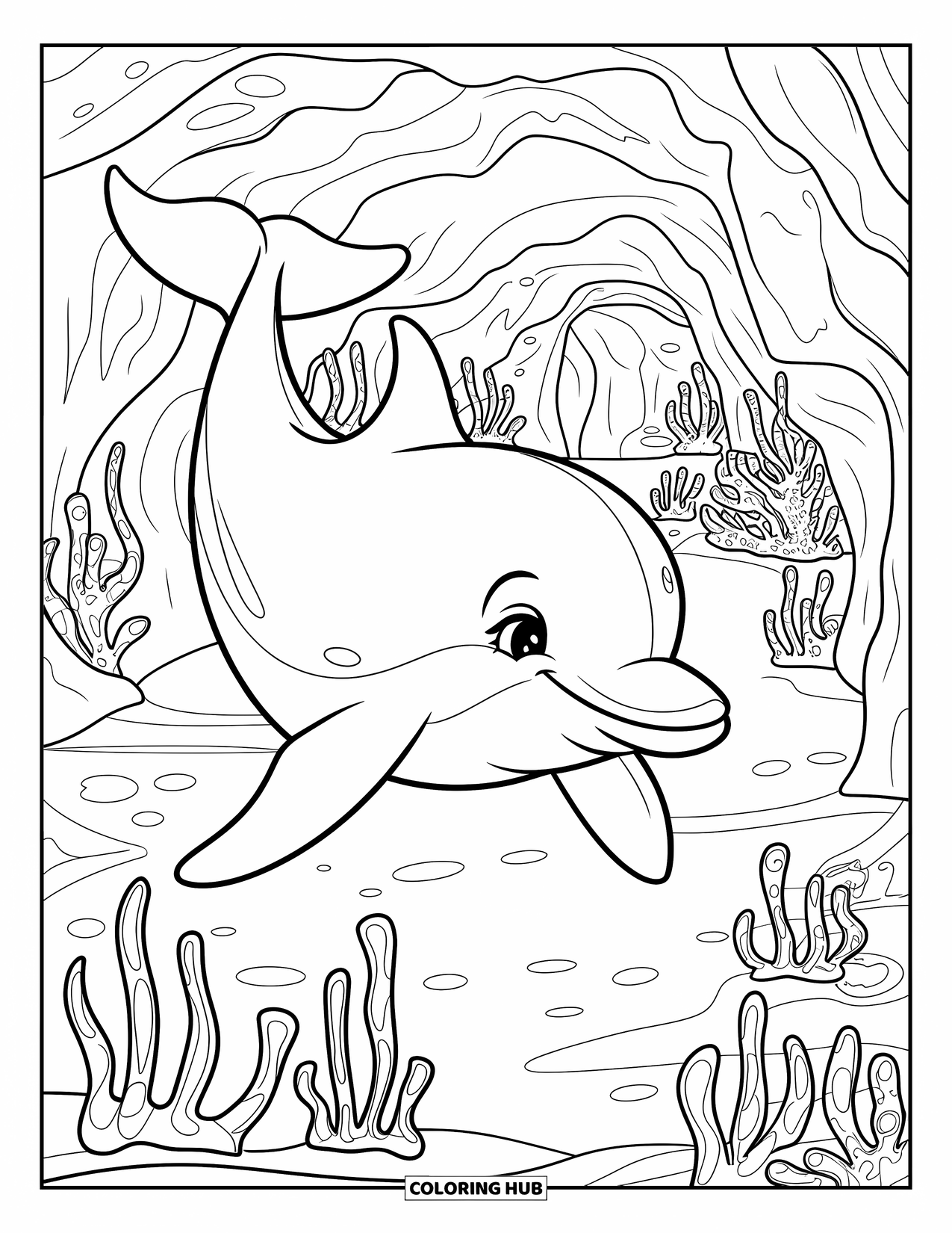Delfin Ausmalbild für Kinder: Ein Delfin schwimmt in einer Höhle mit leuchtenden Meerespflanzen