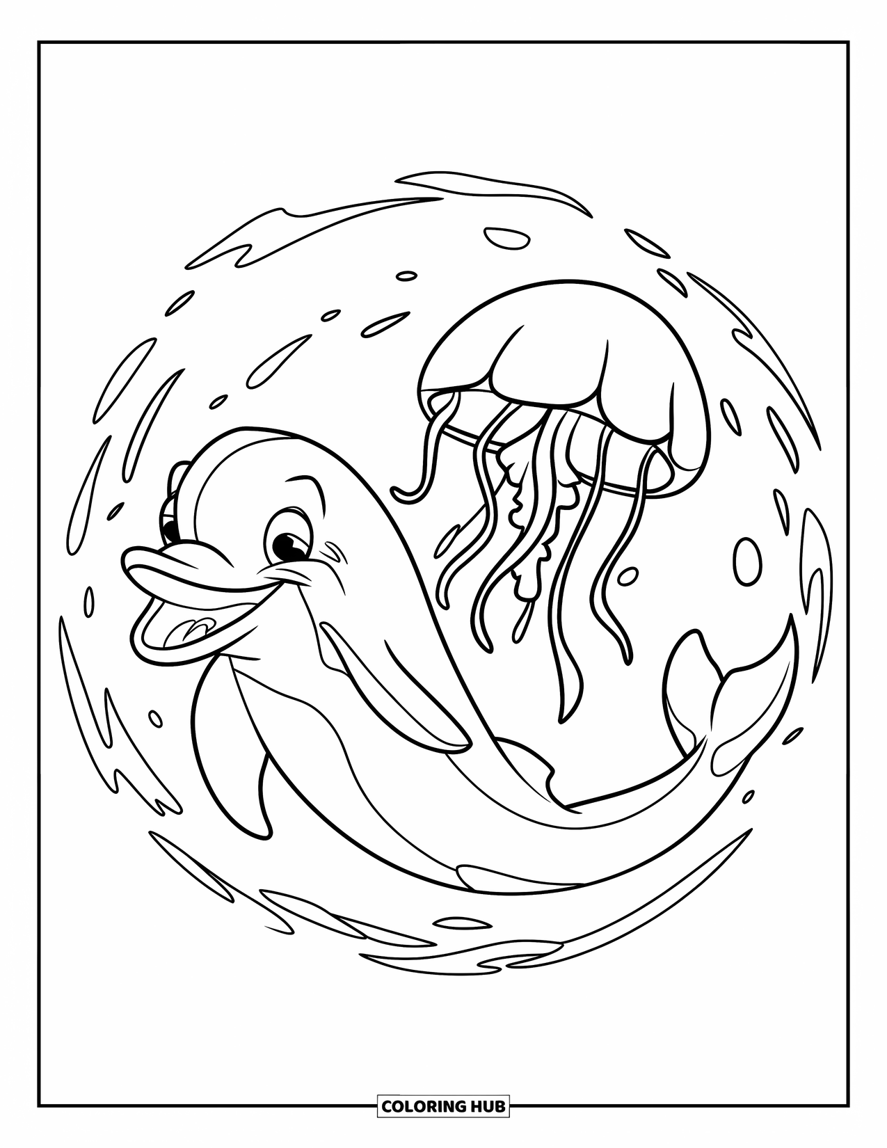 Delfin Ausmalbild für Kinder: Ein Delfin schwimmt im Kreis mit einer Qualle in der Nähe