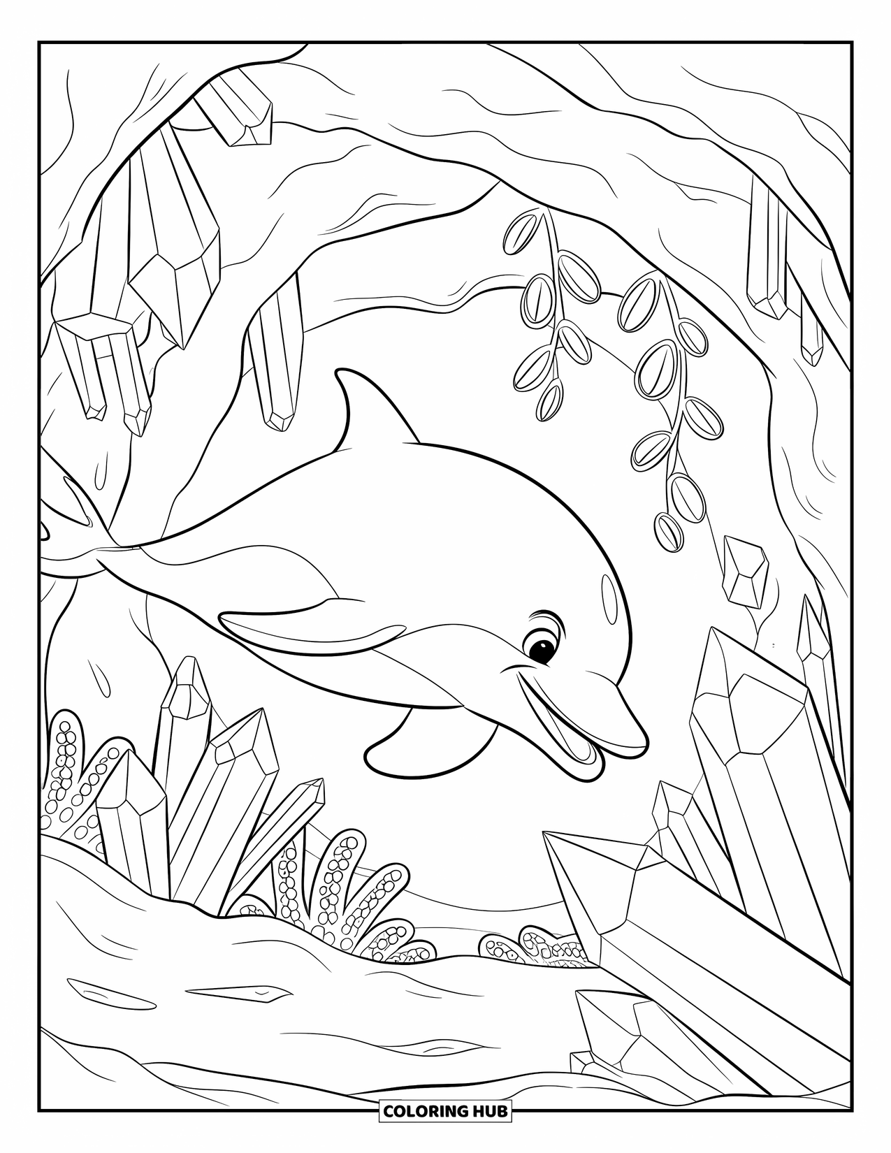 Delfin Ausmalbild für Kinder: Ein Delfin schwimmt durch eine Höhle voller leuchtender Kristalle und Meerespflanzen