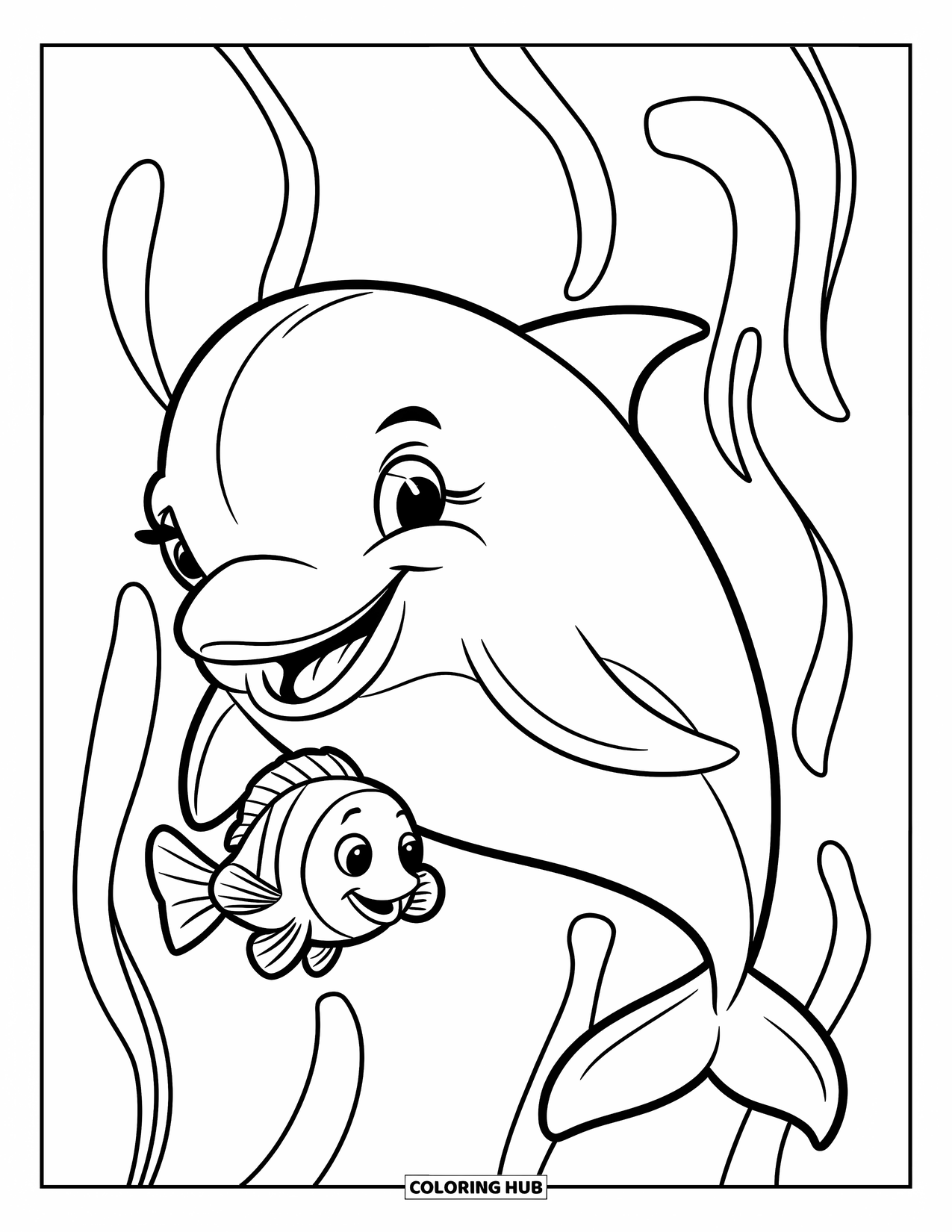 Delfin Ausmalbild für Kinder: Ein Delfin schwimmt mit einem kleinen Fisch, umgeben von Algen