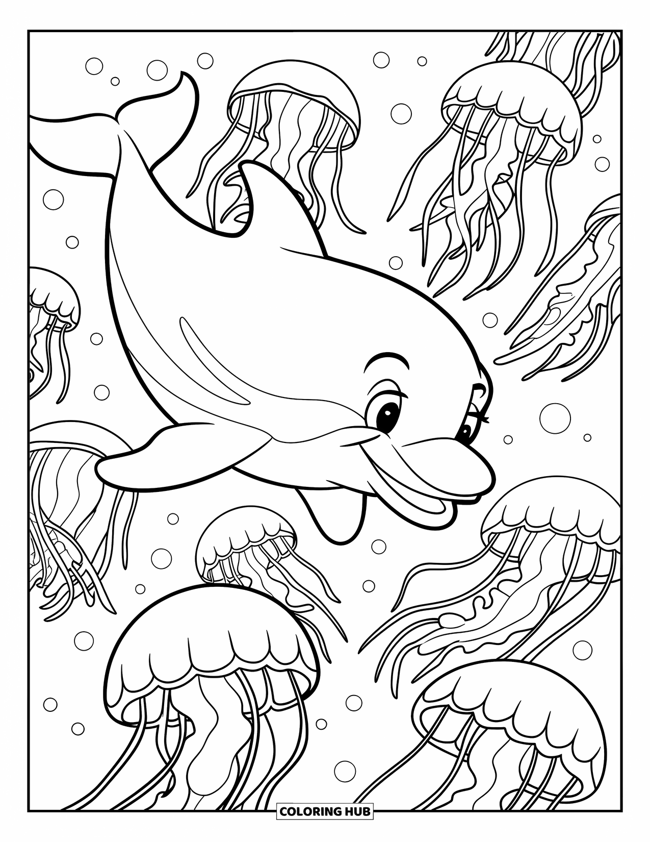 Delfin Ausmalbild für Kinder: Ein Delfin schwimmt mit leuchtenden Quallen in tiefen Gewässern