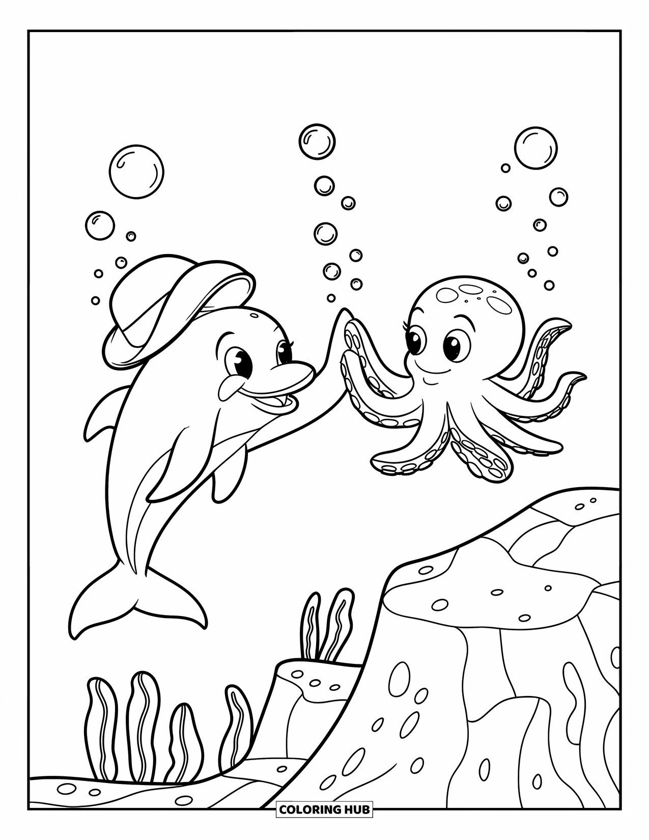 Delfin Ausmalbild für Kinder: Ein Delfin mit Hut gibt einem Oktopus unter Wasser ein High-Five, umgeben von aufsteigenden Blasen