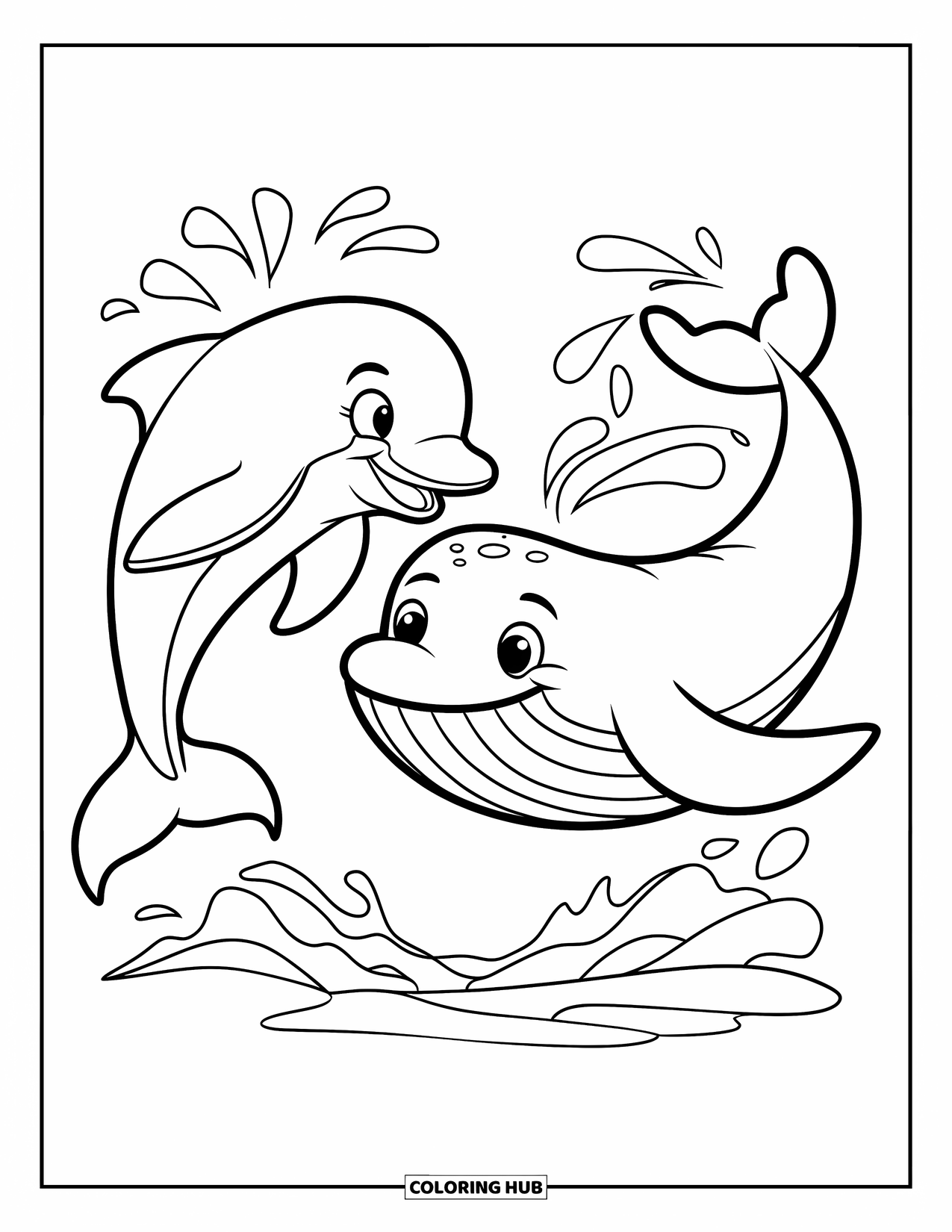 Delfin Ausmalbild für Kinder: Ein freundlicher Delfin und Wal lächeln mit Wasserspritzern in der Nähe