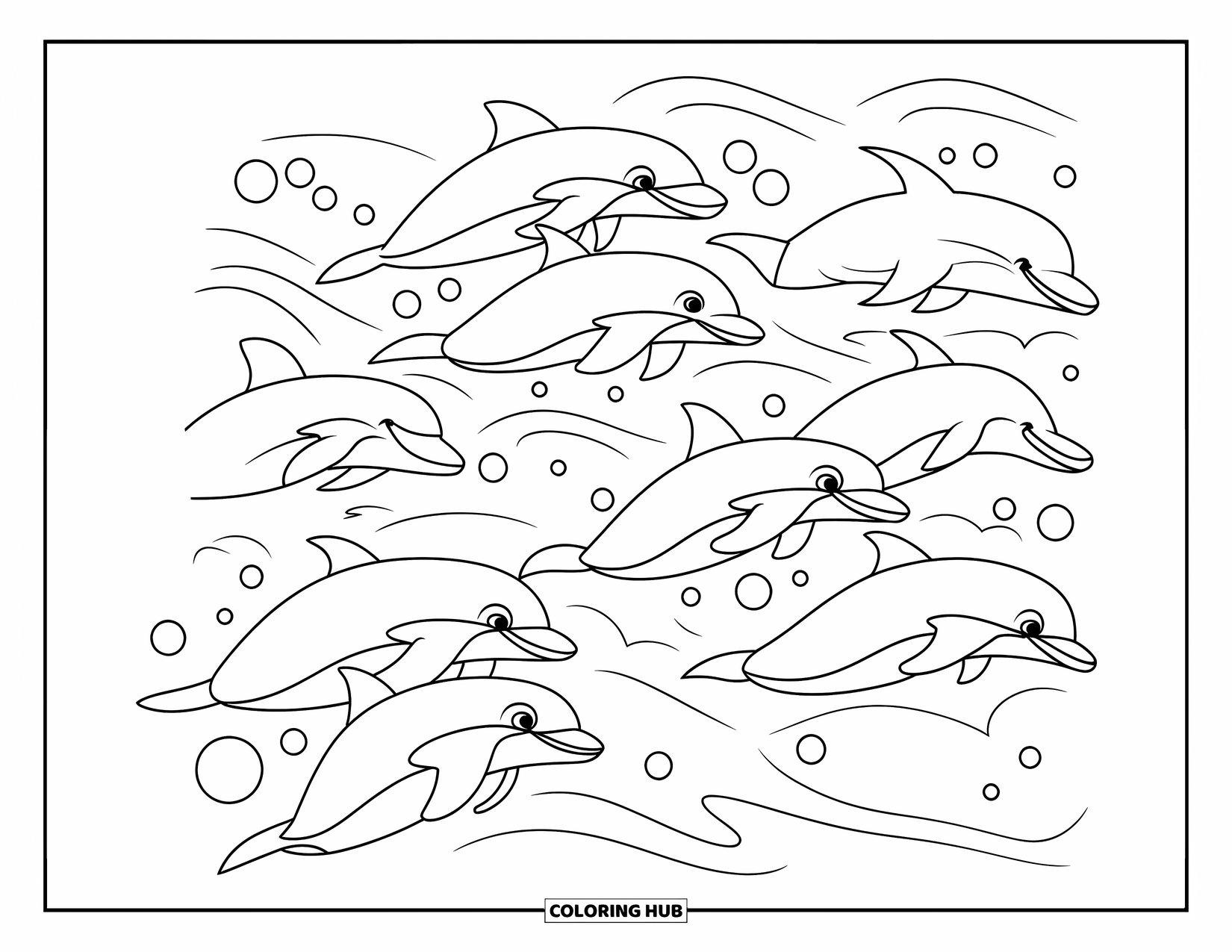 Delfin Ausmalbild für Kinder: Eine Gruppe von Delfinen schwimmt in Formation durch Wellen und Blasen