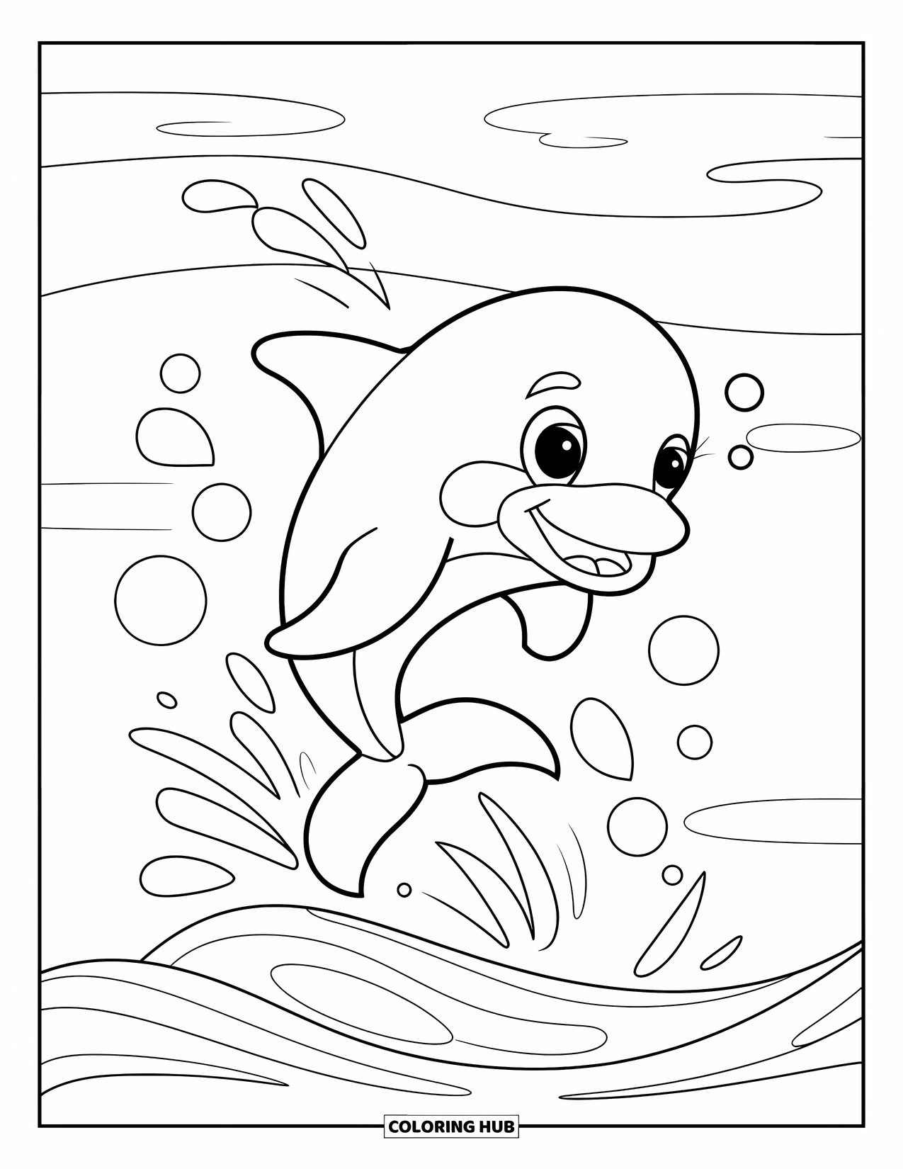 Delfin Ausmalbild für Kinder: Ein glücklicher Delfin springt über eine Welle mit Blasen, die in der Nähe schweben
