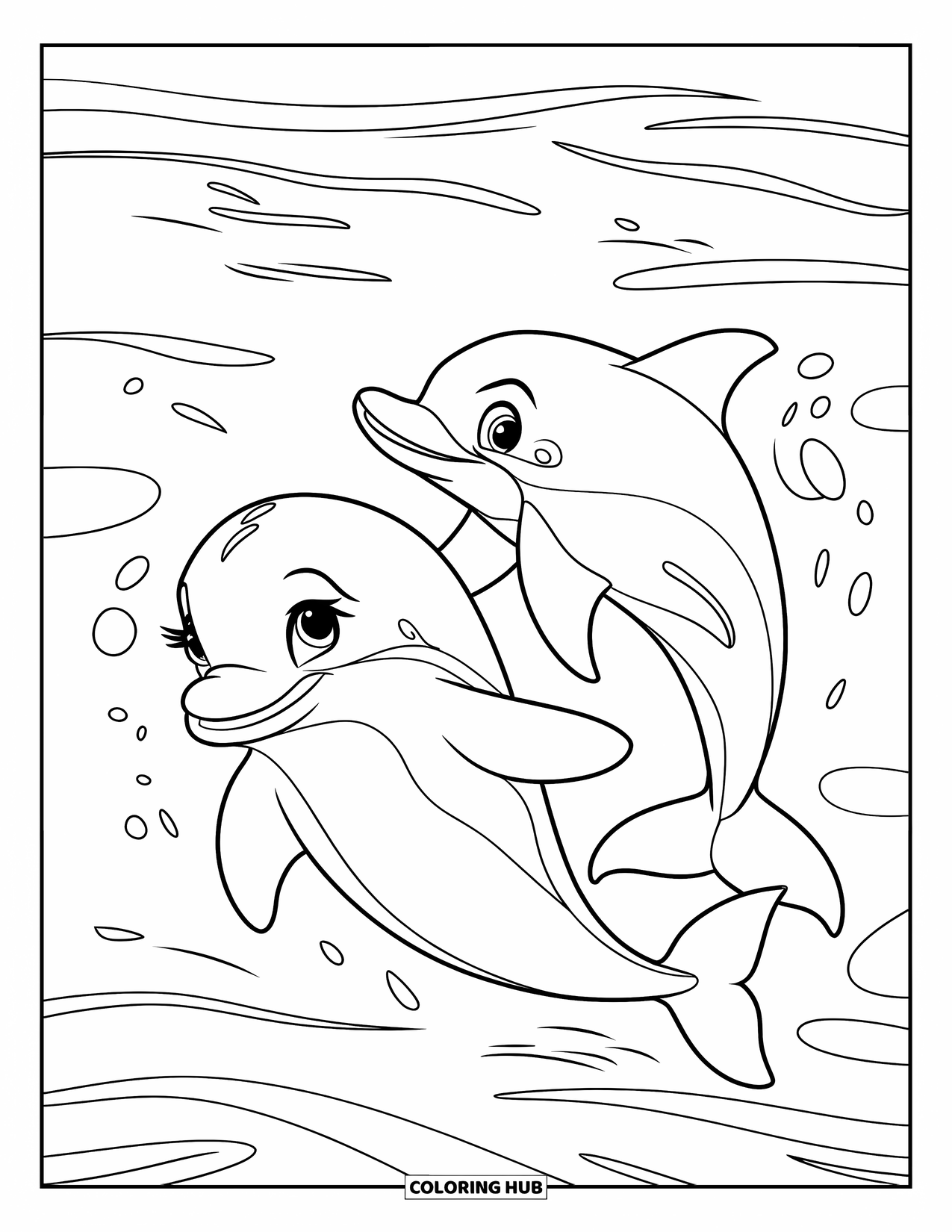 Delfin Ausmalbild für Kinder: Ein Paar Delfine bilden eine Herzform unter Wasser