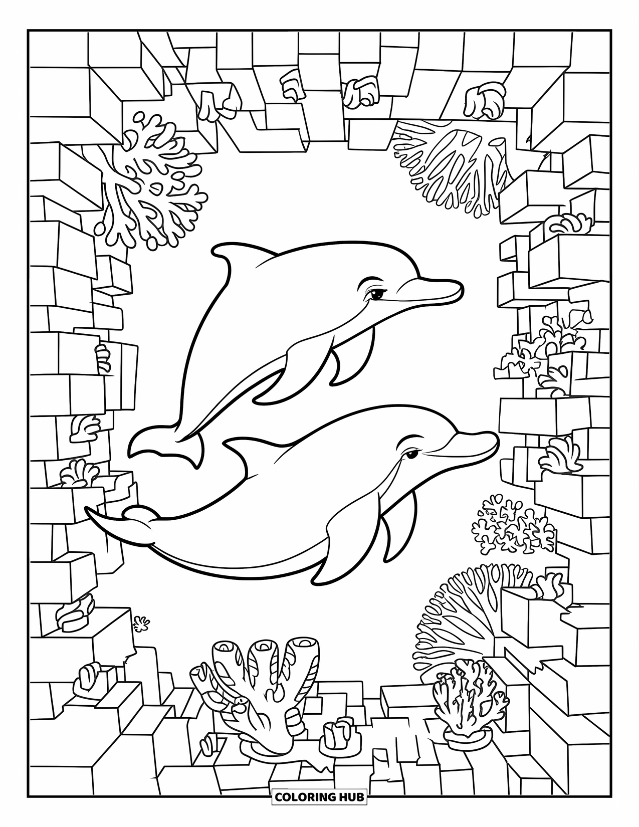 Delfin Ausmalbild für Kinder: Ein Paar Delfine navigiert durch ein Korallenlabyrinth unter Wasser