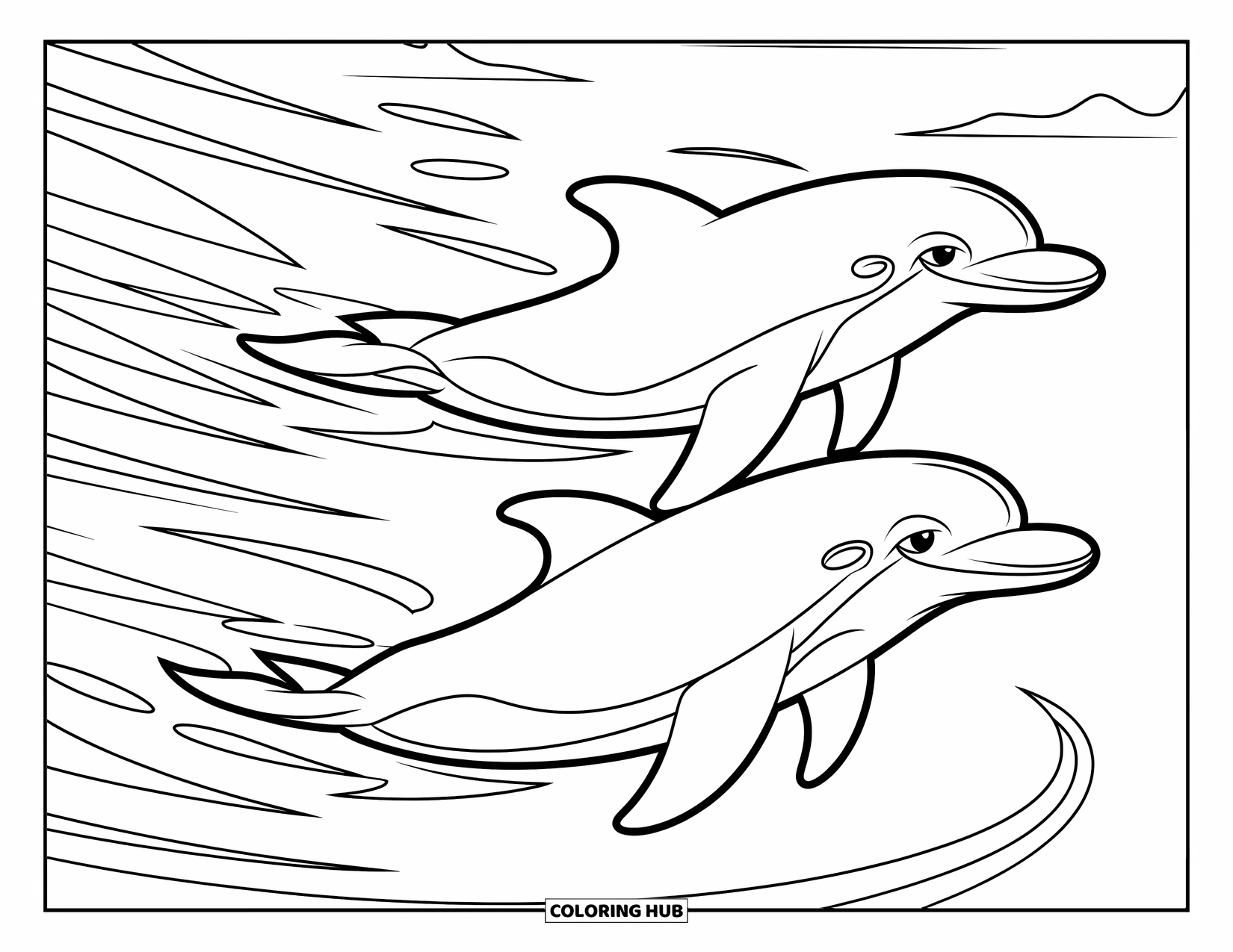 Delfin Ausmalbild für Kinder: Ein Paar Delfine rast durch wirbelnde Wellen