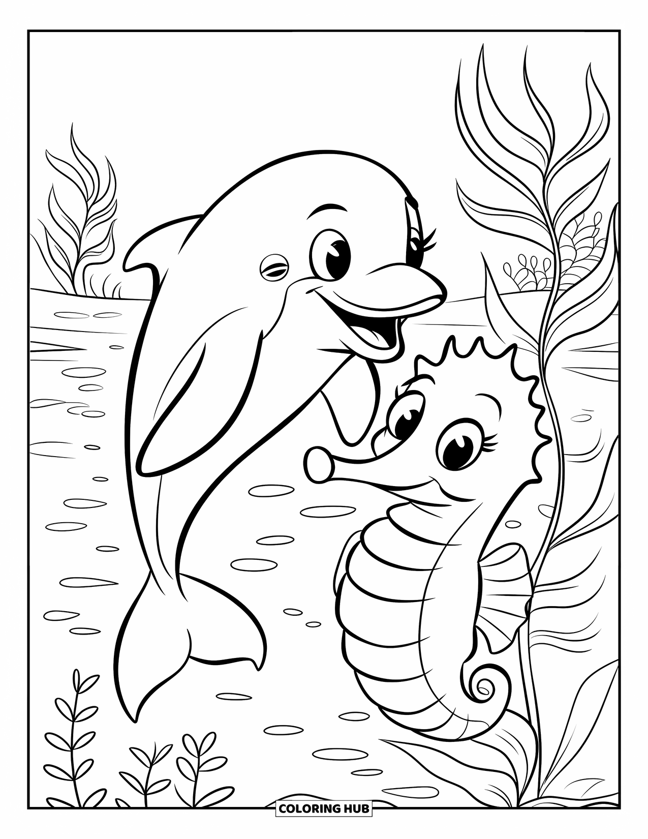 Delfin Ausmalbild für Kinder: Ein verspielter Delfin und ein Seepferdchen, umgeben von Wasserpflanzen