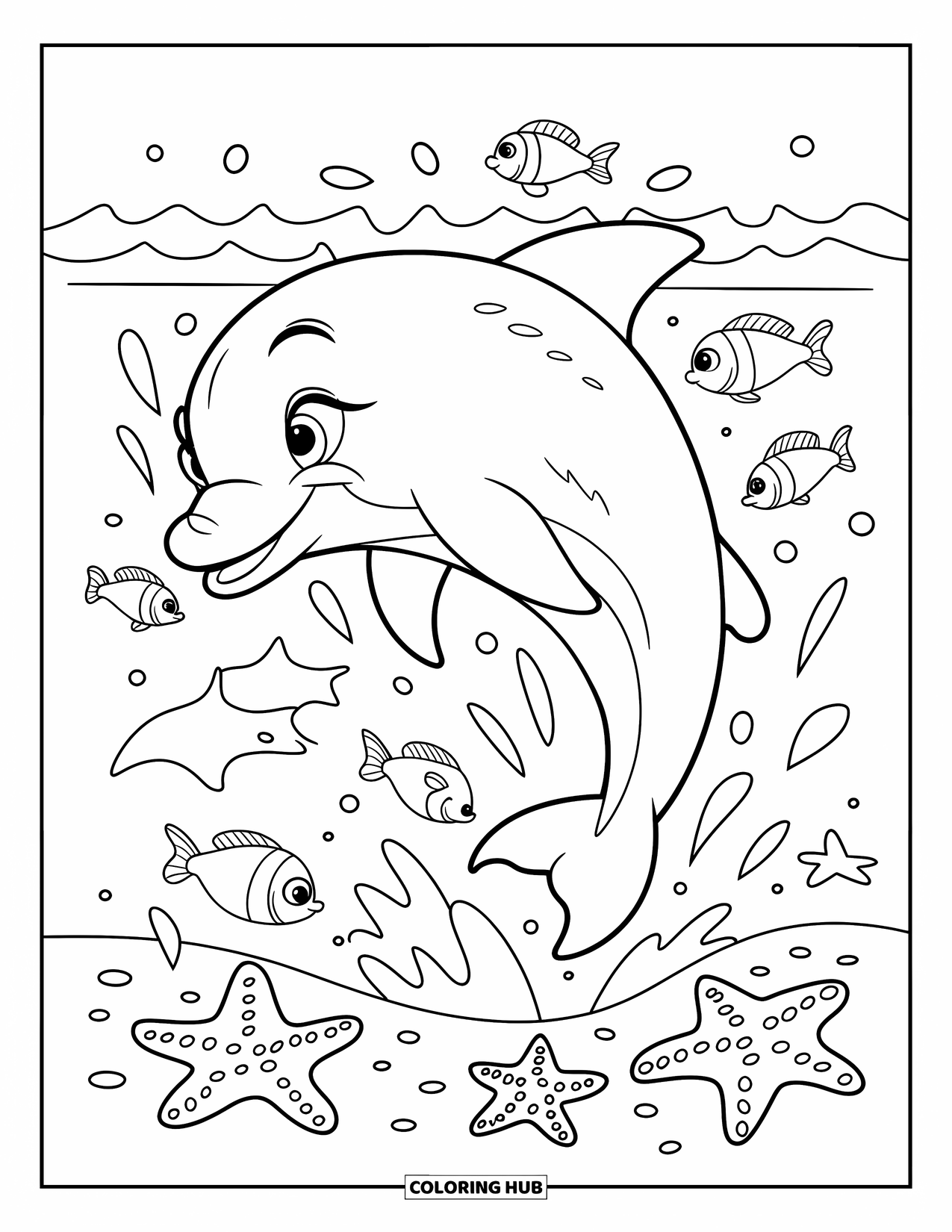 Delfin Ausmalbild für Kinder: Ein verspielter Delfin springt aus dem Wasser, umgeben von Fischen und Seesternen