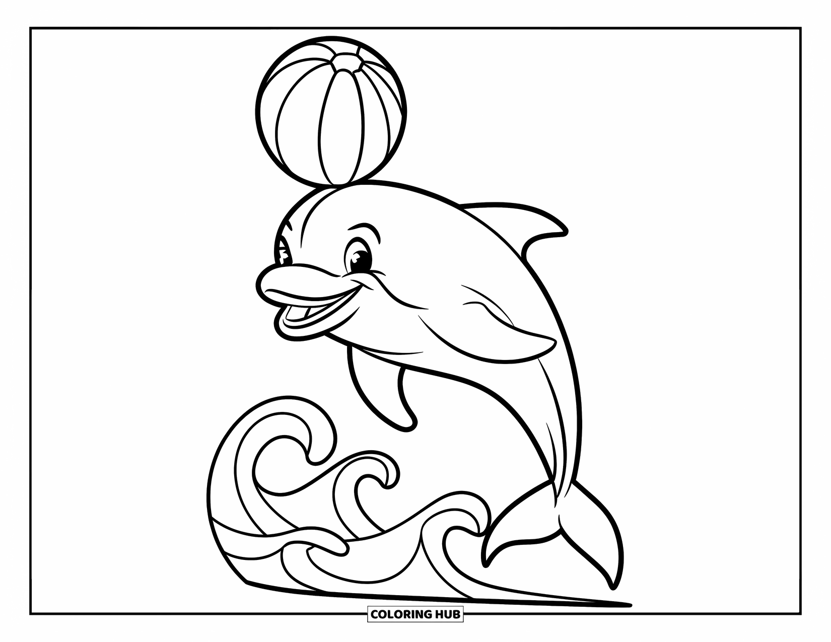 Delfin Ausmalbild für Kinder: Ein lächelnder Delfin balanciert einen Ball auf seiner Nase mit kleinen Wellen