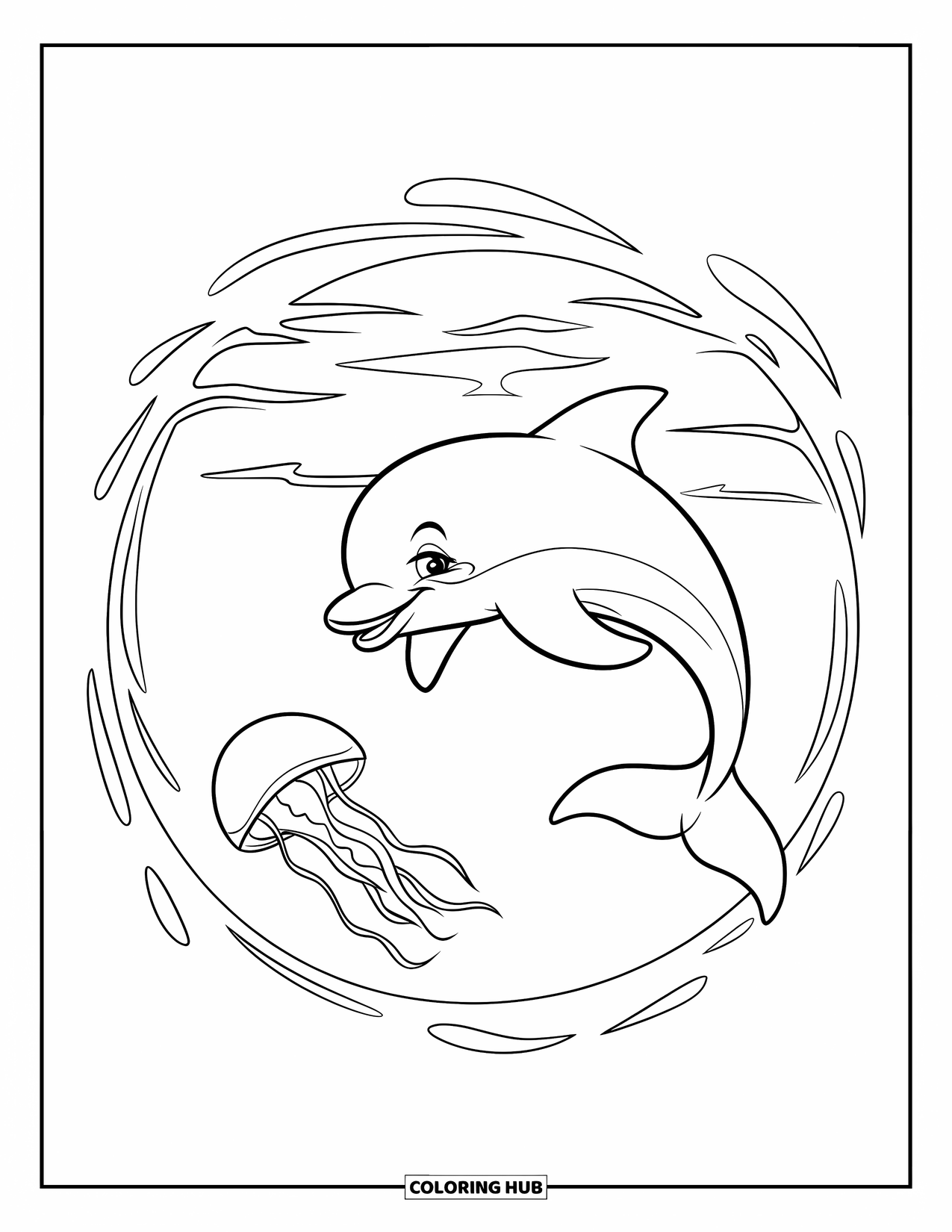 Delfin Ausmalbild für Kinder: Ein lächelnder Delfin kreist mit einer Qualle und ein paar Blasen