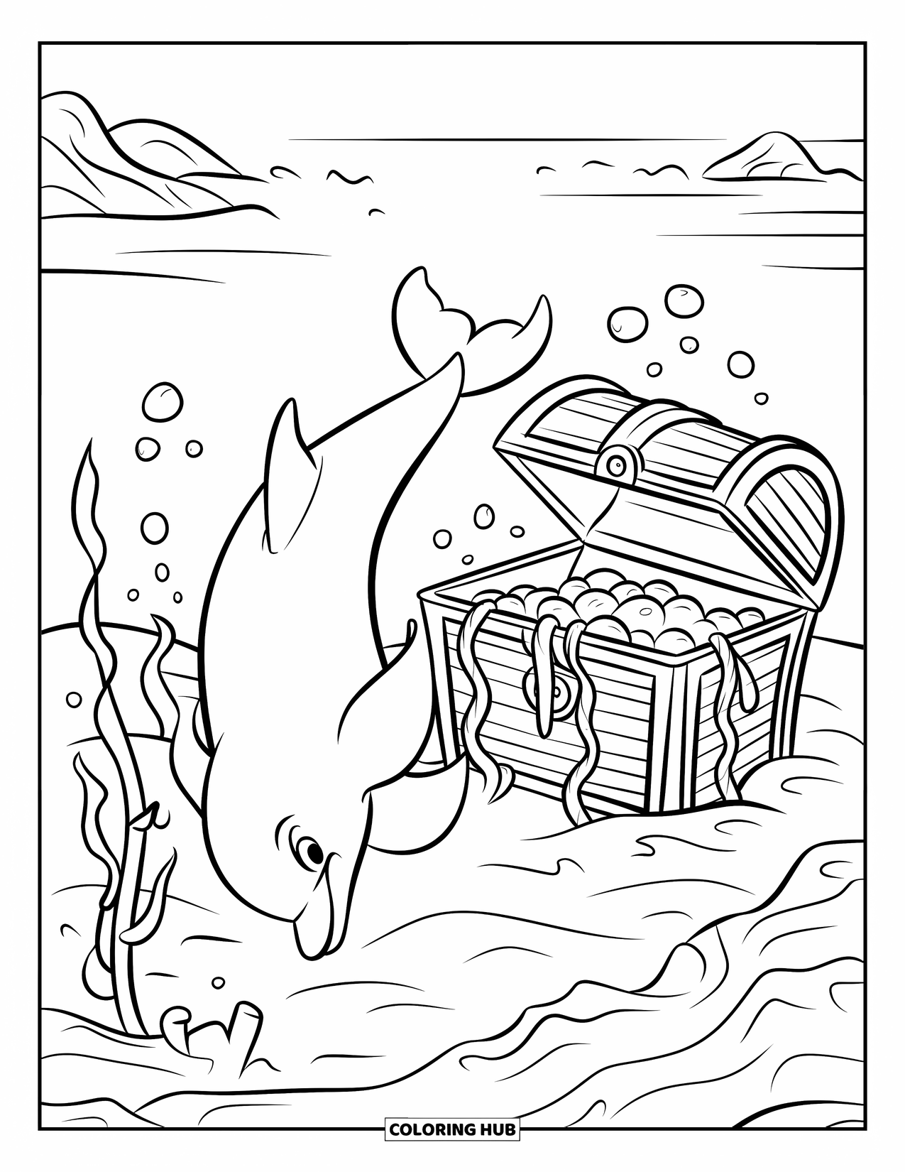Delfin Ausmalbild für Kinder: Ein lächelnder Delfin taucht in der Nähe einer Schatztruhe mit Algen und Blasen