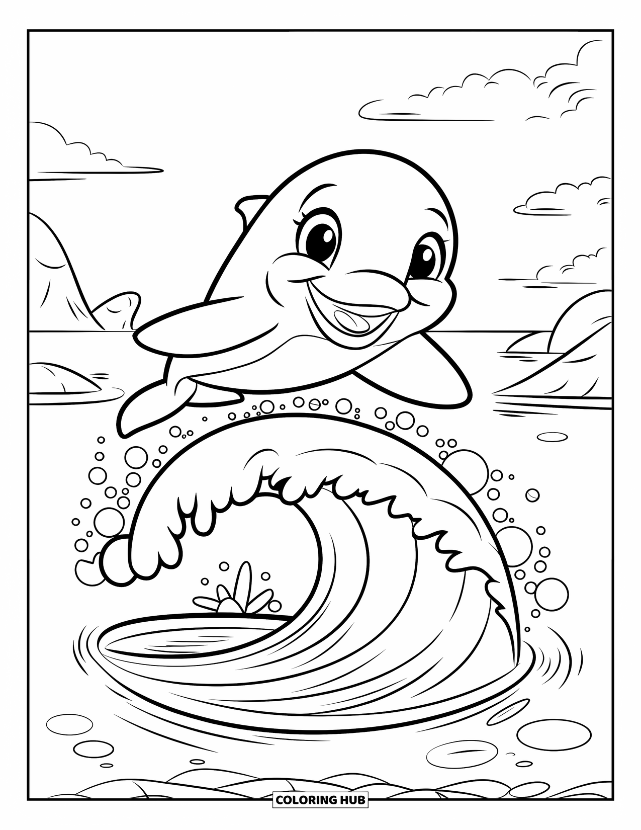 Delfin Ausmalbild für Kinder: Ein lächelnder Delfin springt über eine Welle mit Blasen