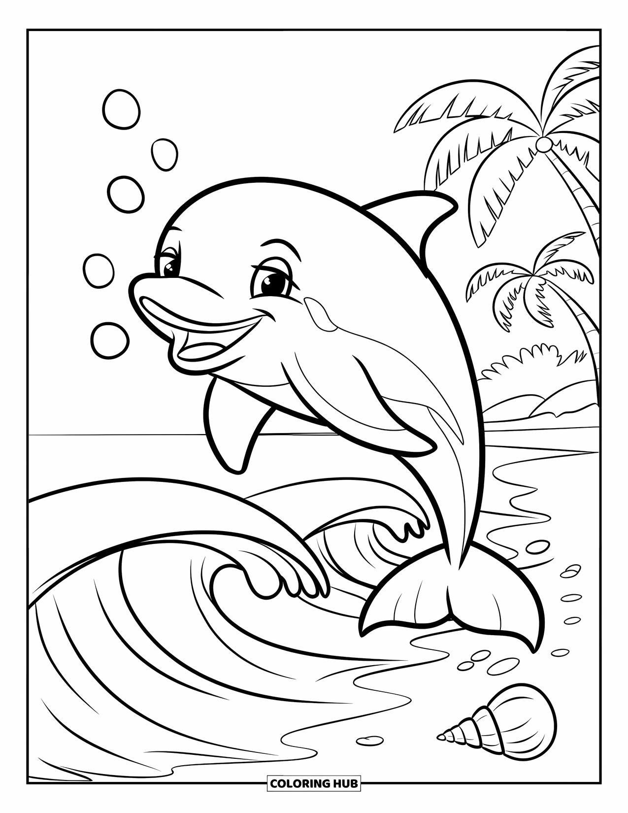 Delfin Ausmalbild für Kinder: Ein lächelnder Delfin springt über Wellen mit Muscheln in der Nähe