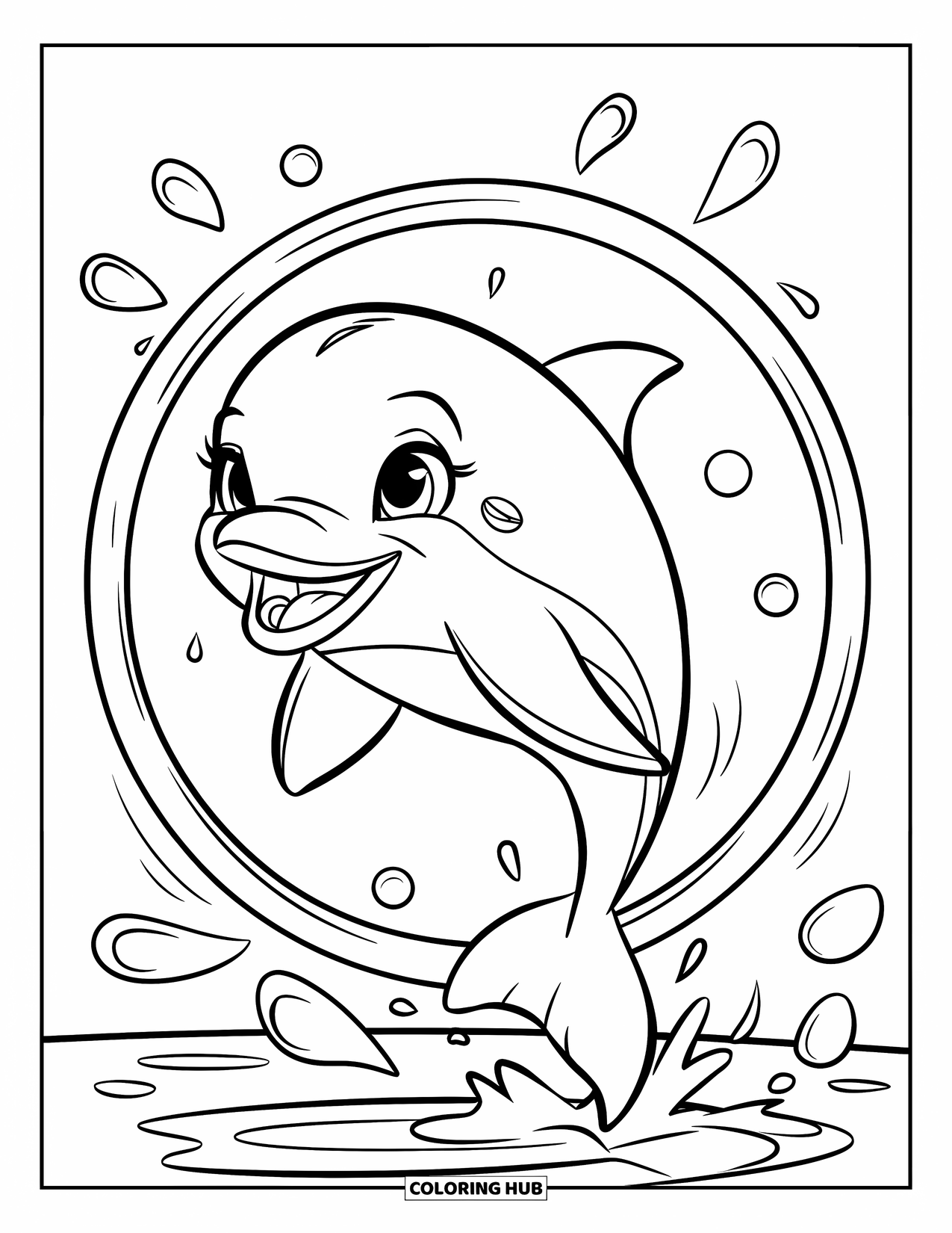 Delfin Ausmalbild für Kinder: Ein lächelnder Delfin springt durch einen Reifen mit spritzendem Wasser