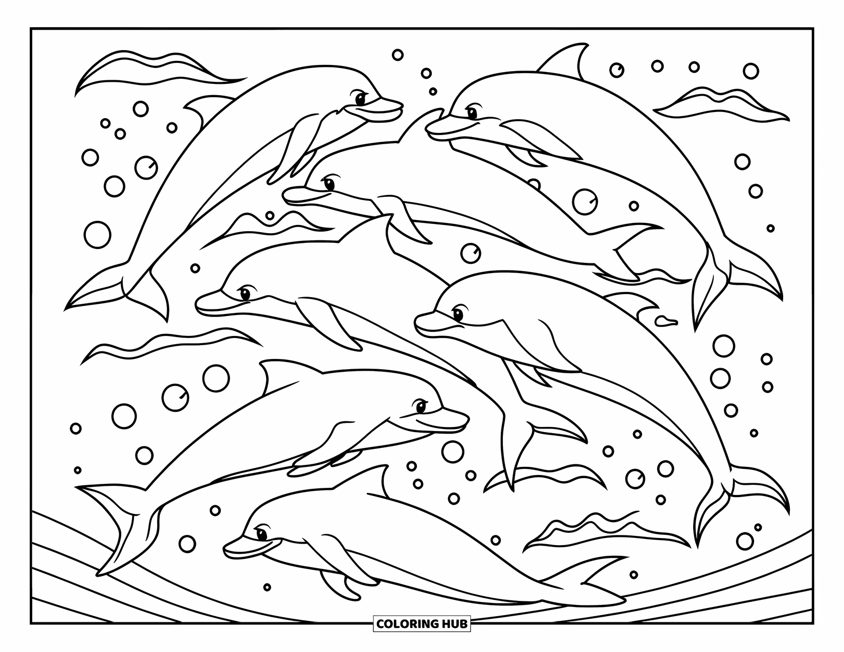 Delfin Ausmalbild für Kinder: Delfine schwimmen in einer gekrümmten Formation mit Wellen und Blasen um sie herum
