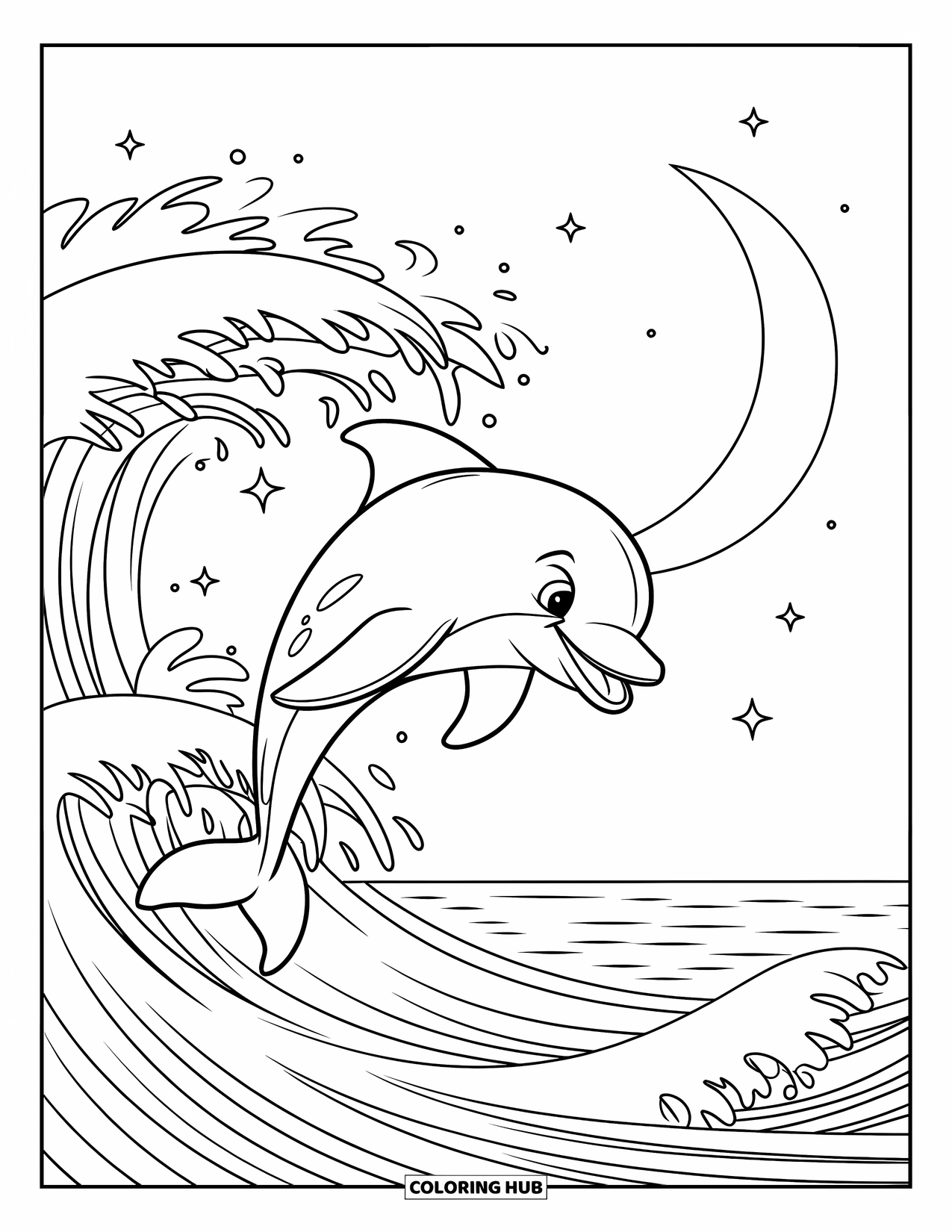 Delfin Ausmalbild für Kinder: Zwei Delfine erkunden ein Labyrinth aus komplizierten Korallen