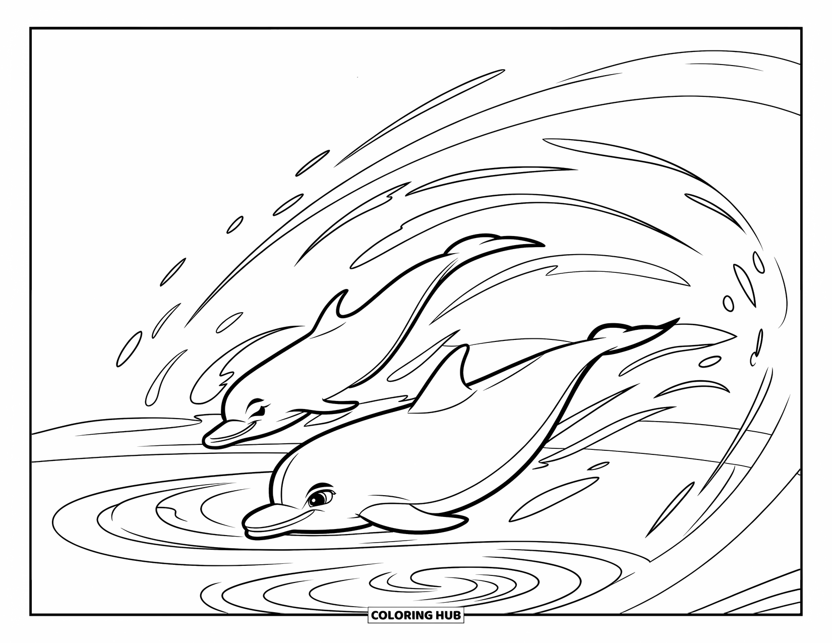 Delfin Ausmalbild für Kinder: Zwei Delfine rasen durch das Wasser und hinterlassen Spuren