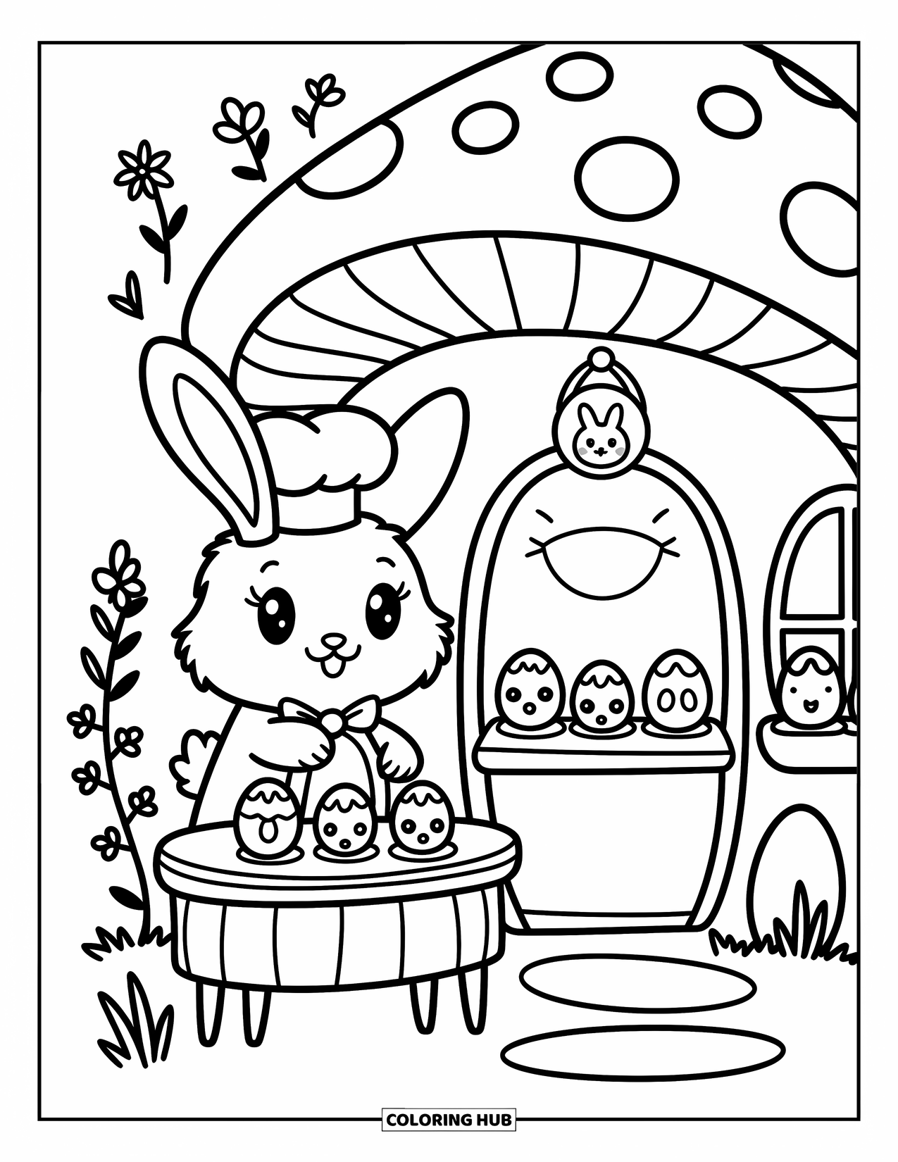 Kolorowanka z Królikiem Wielkanocnym dla dorosłych: Królik-szef kuchni piecze wielkanocne smakołyki przed grzybową piekarnią, otoczony uroczymi, małymi detalami