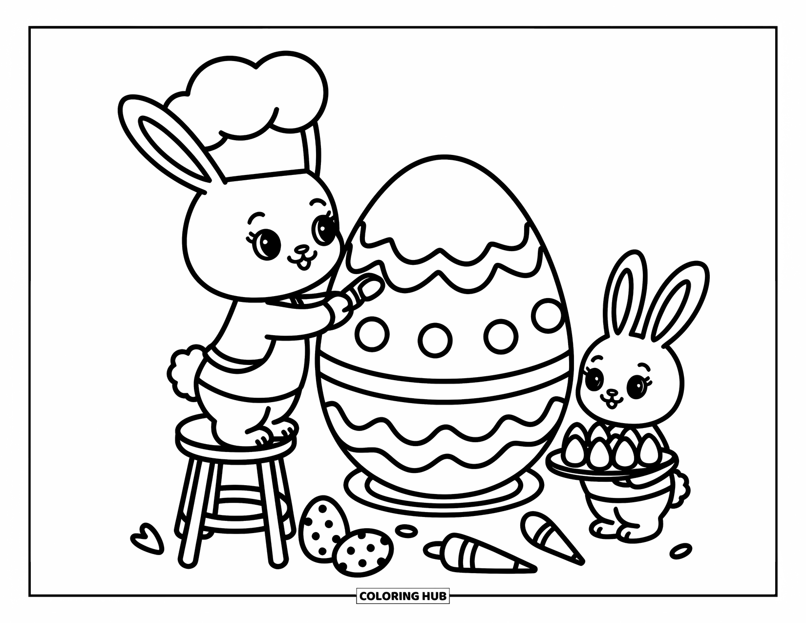 Kolorowanka z Królikiem Wielkanocnym dla dorosłych: Królik-szef kuchni stoi na stołku, dekorując gigantyczne jajko wielkanocne jak tort