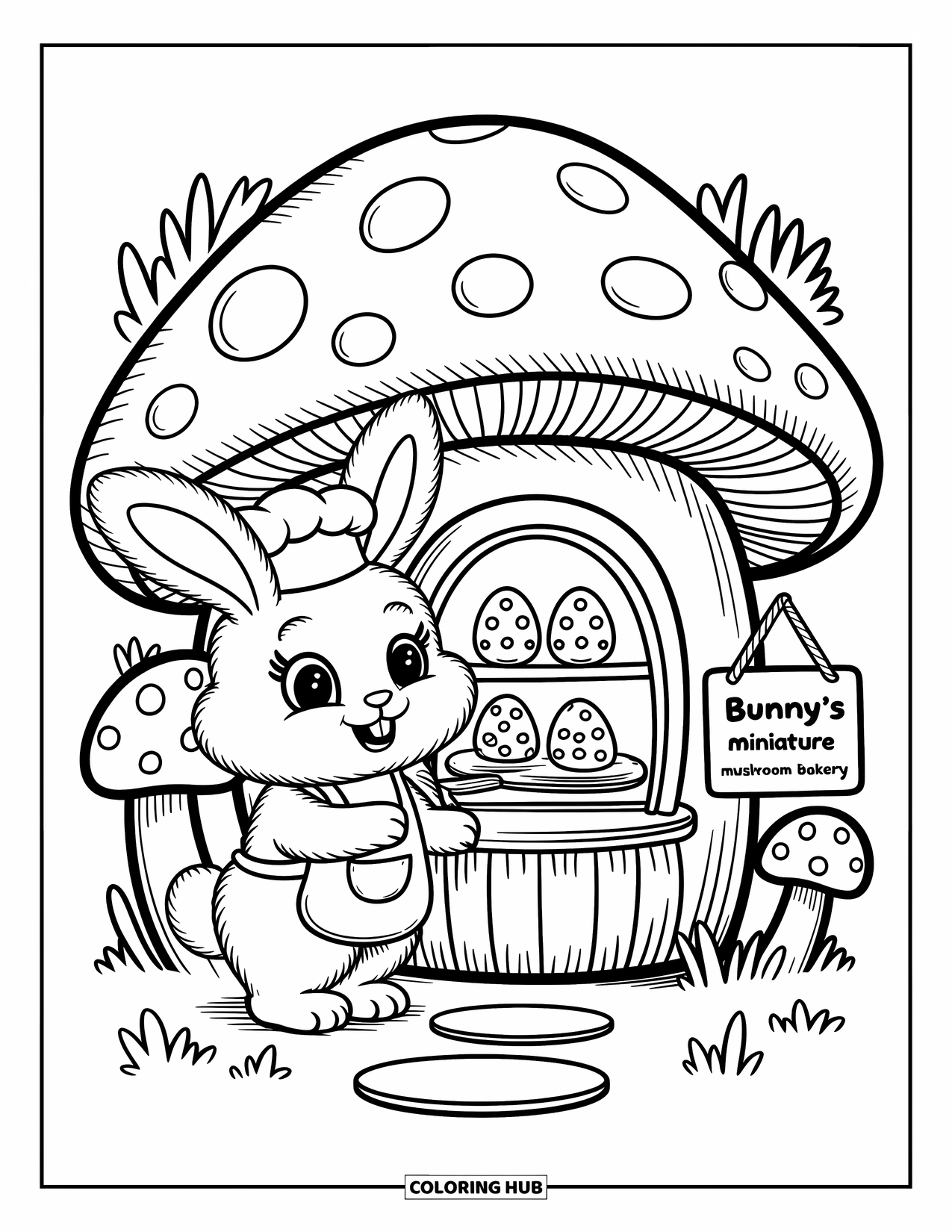 Kolorowanka z Królikiem Wielkanocnym dla dorosłych: Królik-szef kuchni stoi przed grzybowym domem, przygotowując ciasteczka z jajek wielkanocnych na małym blacie