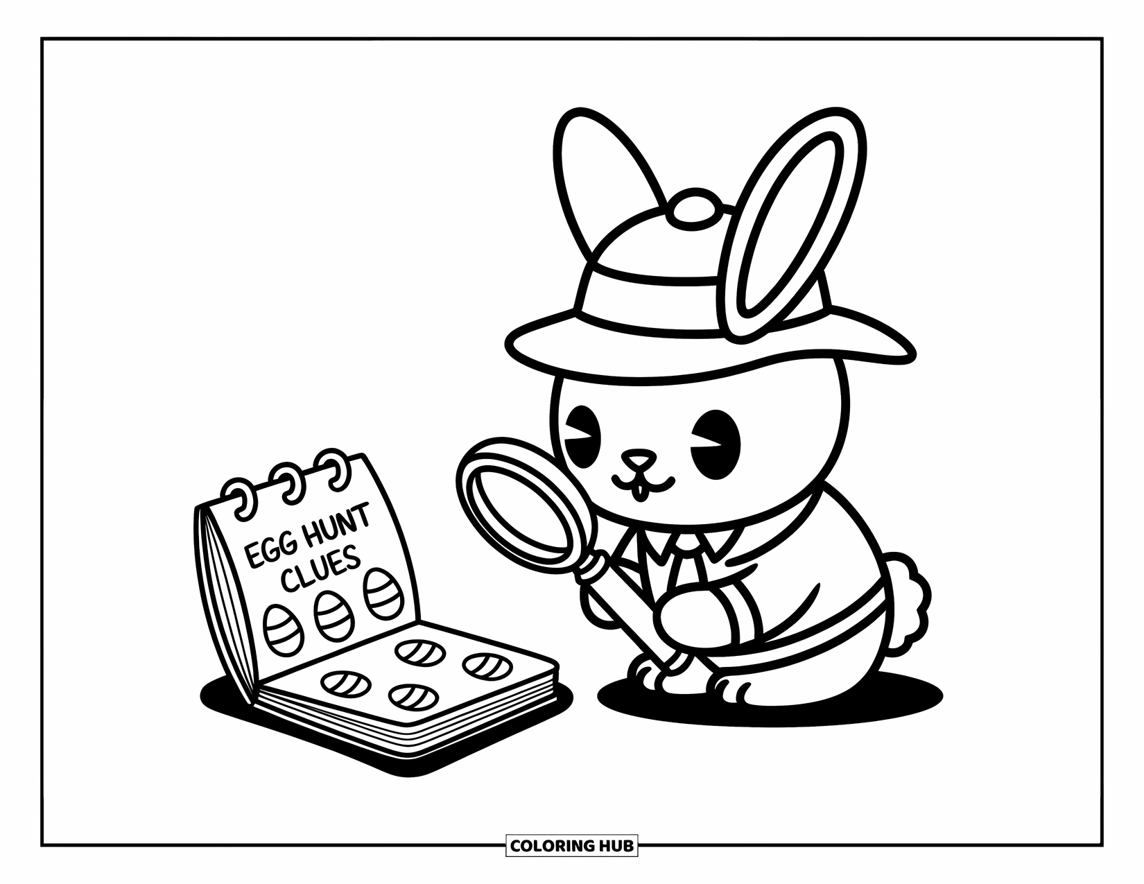 Kolorowanka z Królikiem Wielkanocnym dla dorosłych: Królik przebrany za detektywa starannie bada wskazówki dotyczące pisanek w małym notatniku