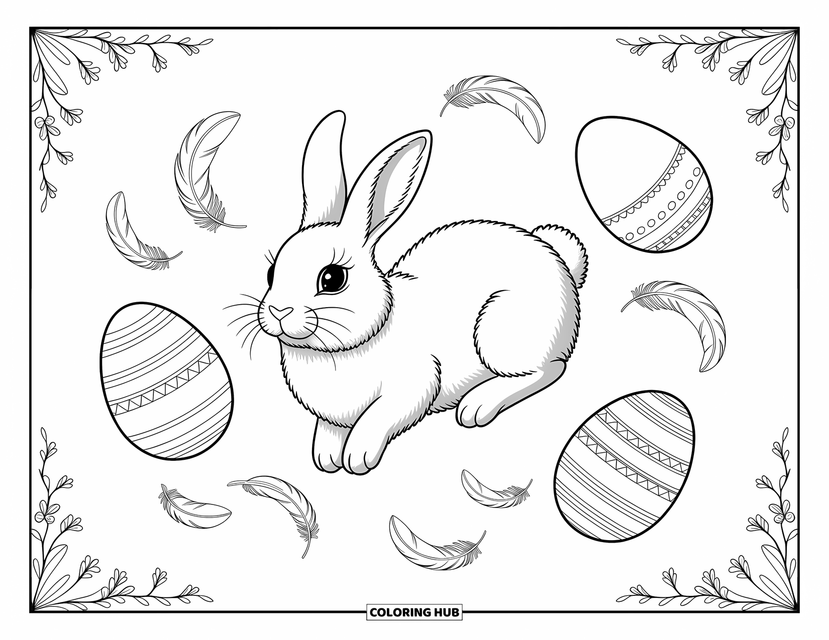 Kolorowanka z Królikiem Wielkanocnym dla dorosłych: Królik delikatnie dryfuje po niebie, otoczony udekorowanymi jajkami i delikatnymi, unoszącymi się piórami