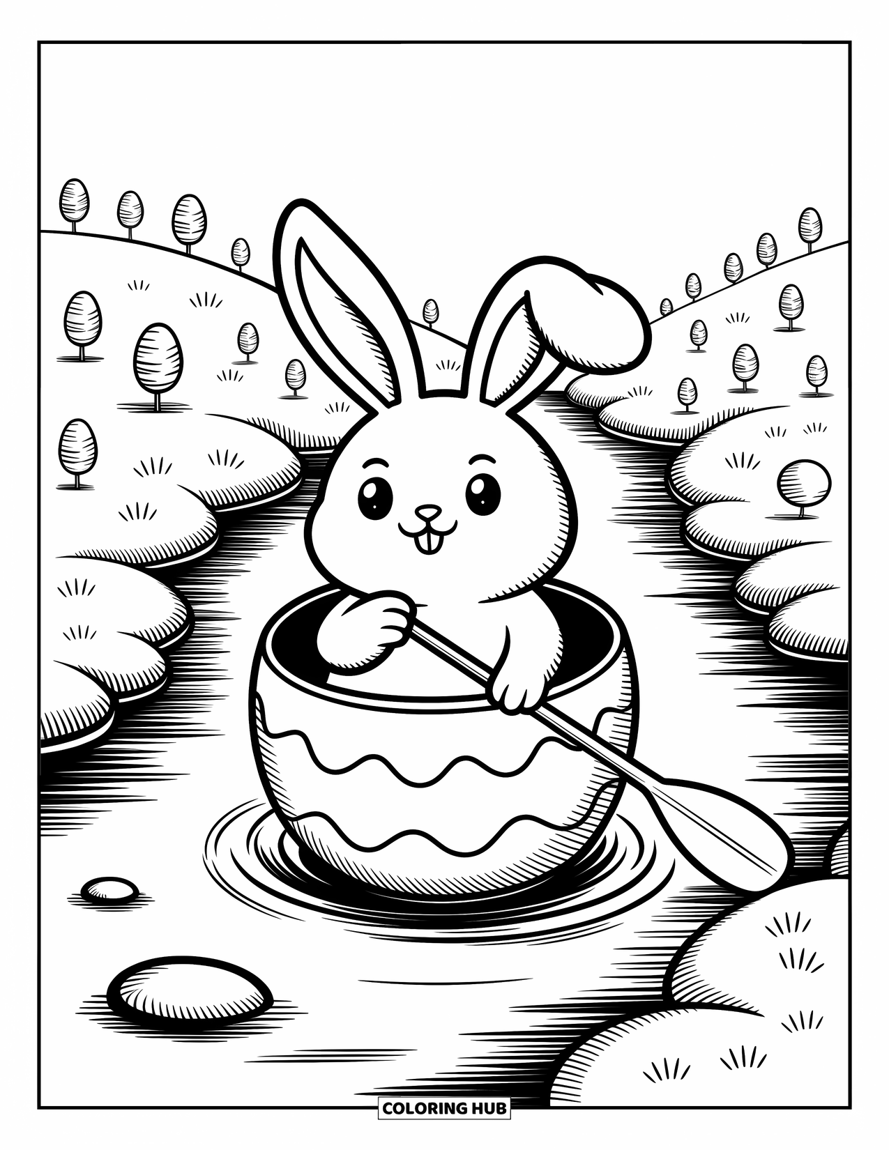 Kolorowanka z Królikiem Wielkanocnym dla dorosłych: Królik unosi się w łódce z jajka wielkanocnego, delikatnie wiosłując w dół strumienia obok pagórków