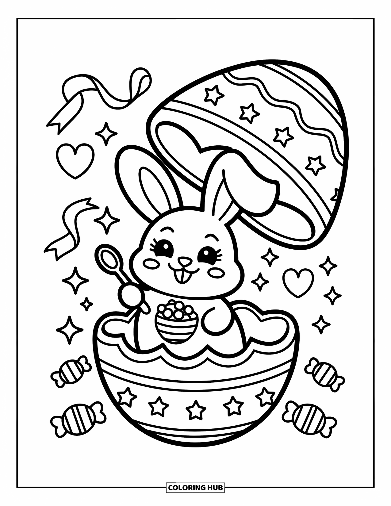 Kolorowanka z Królikiem Wielkanocnym dla dorosłych: Królik wewnątrz pękniętego jajka trzyma łyżkę, otoczony migoczącymi gwiazdami i małymi cukierkami