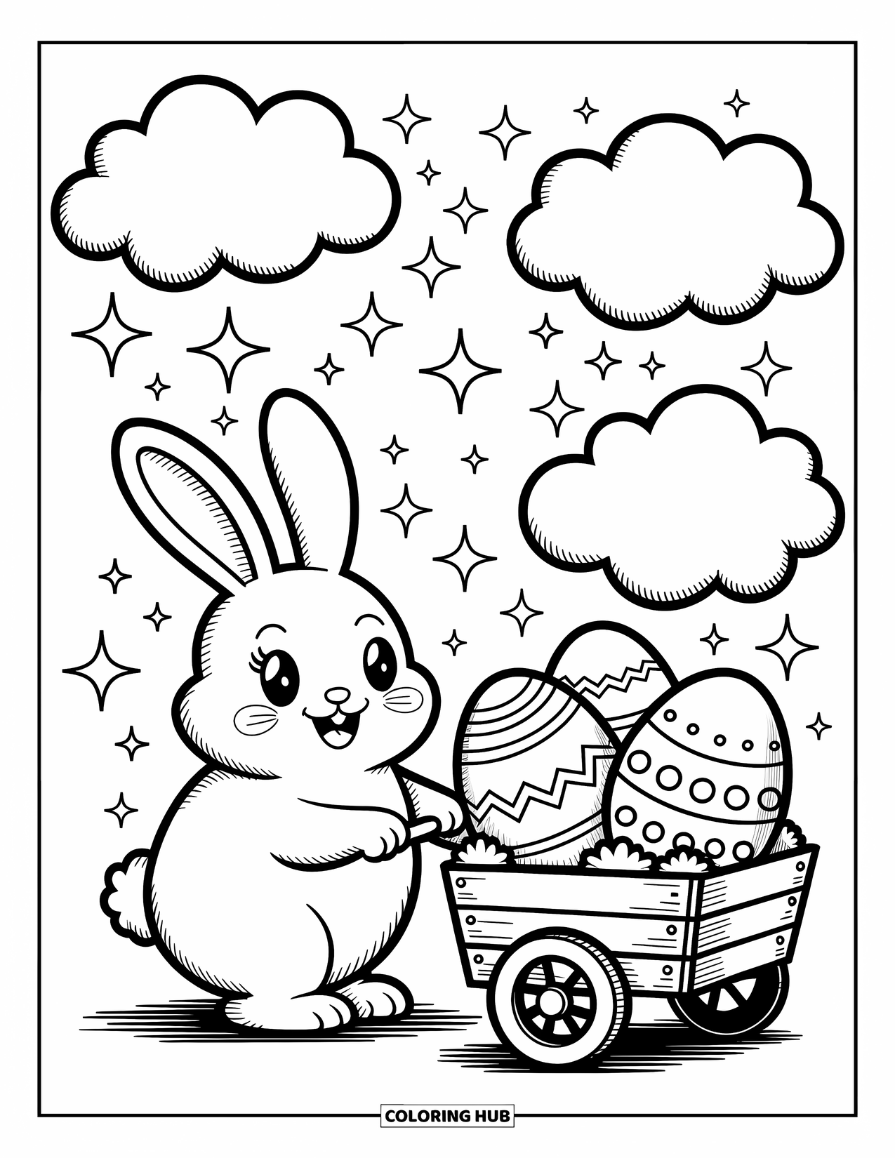 Kolorowanka z Królikiem Wielkanocnym dla dorosłych: Królik pcha drewniany wózek wypełniony dużymi, udekorowanymi pisankami pod puszystymi chmurami