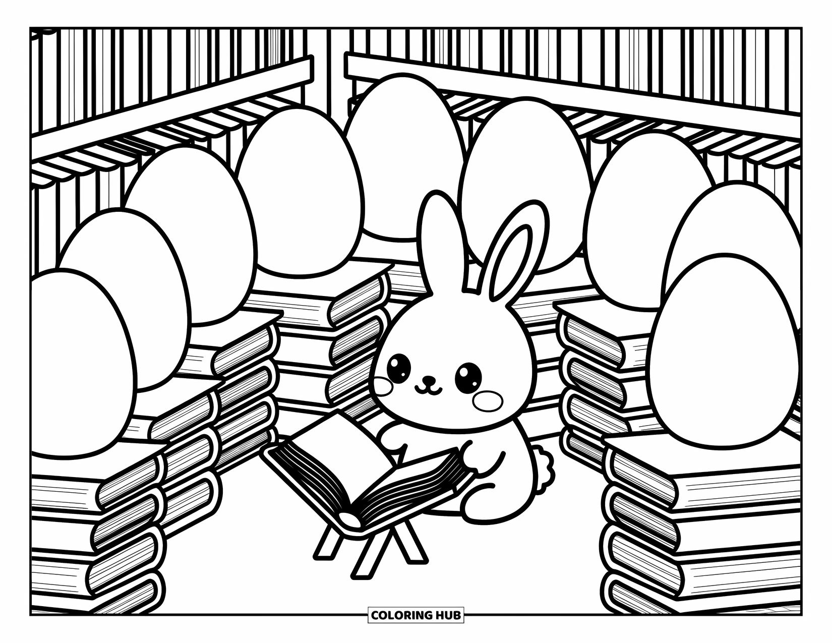 Kolorowanka z Królikiem Wielkanocnym dla dorosłych: Królik odpoczywa przy otwartej książce w przytulnym sklepie wypełnionym książkami w kształcie jajek